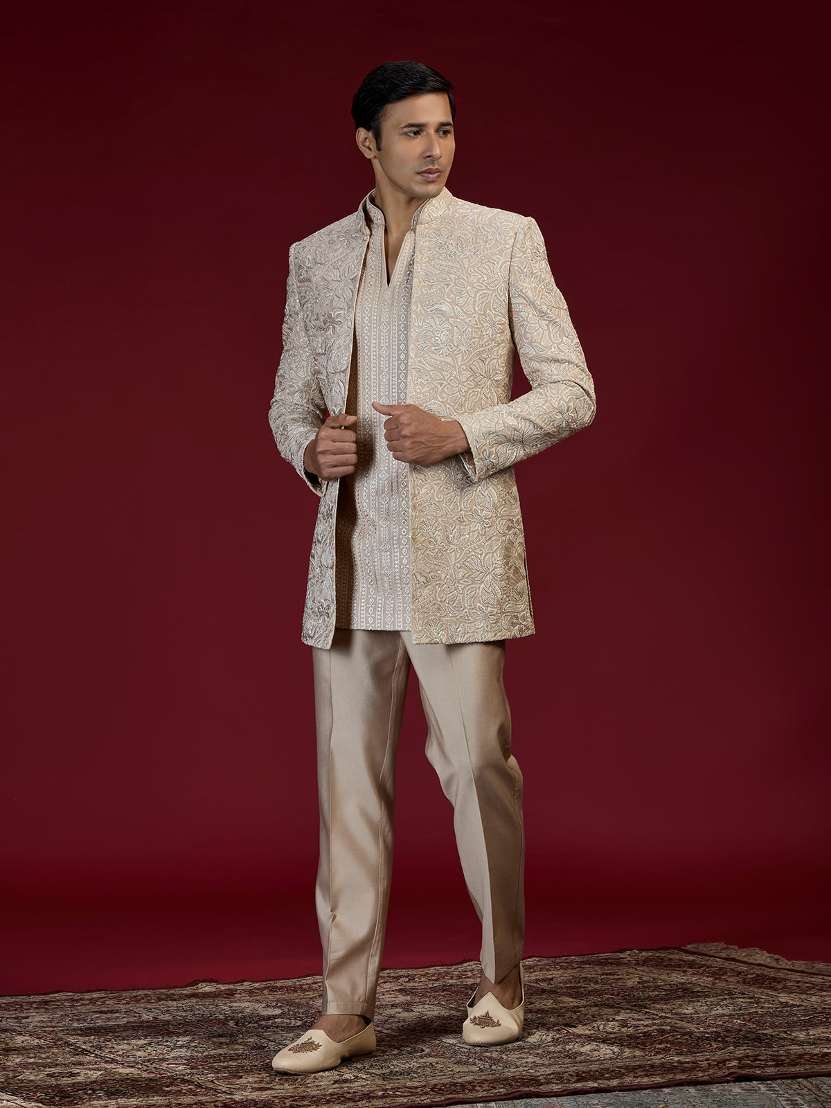 Warm beige kashmiri embroidered indo western for men
