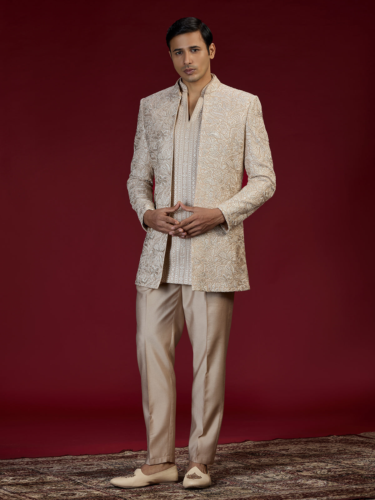 Warm beige kashmiri embroidered indo western for men