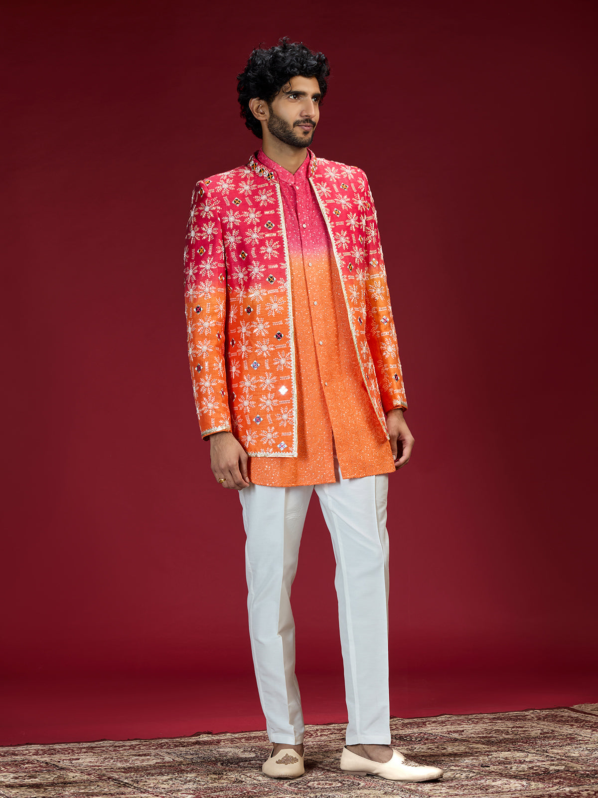 Pink orange ombre bandhani indo western for men