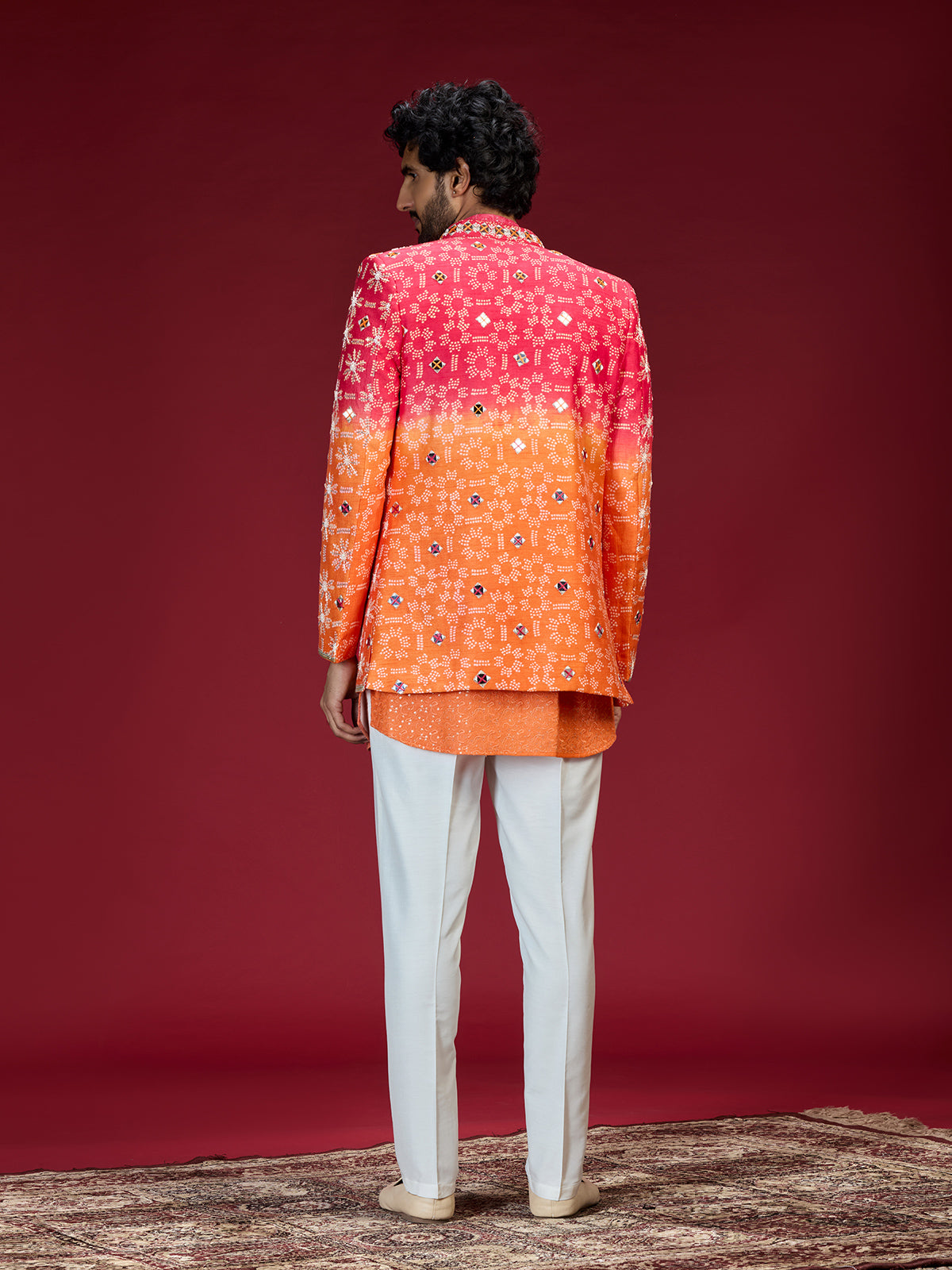 Pink orange ombre bandhani indo western for men