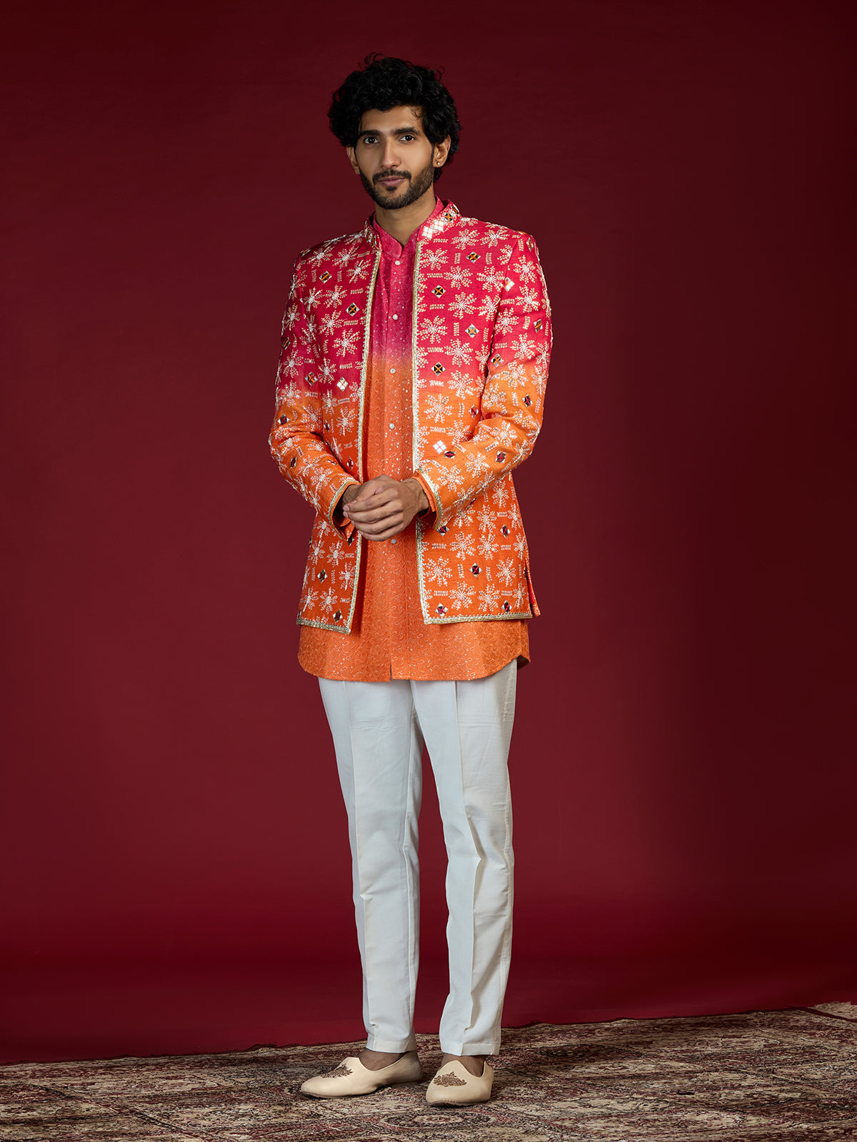 Pink orange ombre bandhani indo western for men