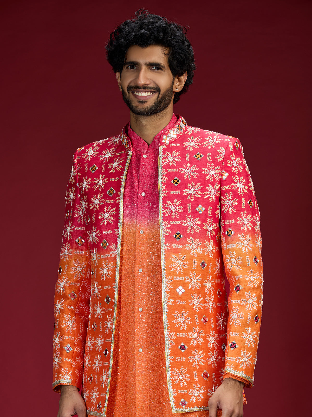 Pink orange ombre bandhani indo western for men