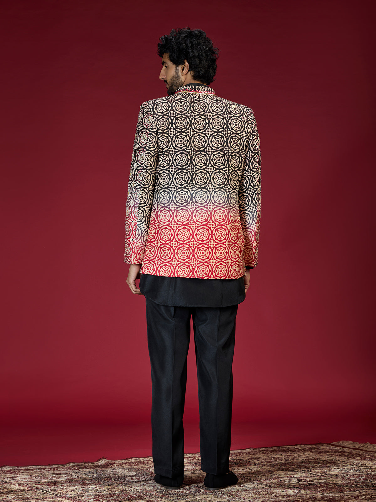 Black ajrakh embroidered indo western for men