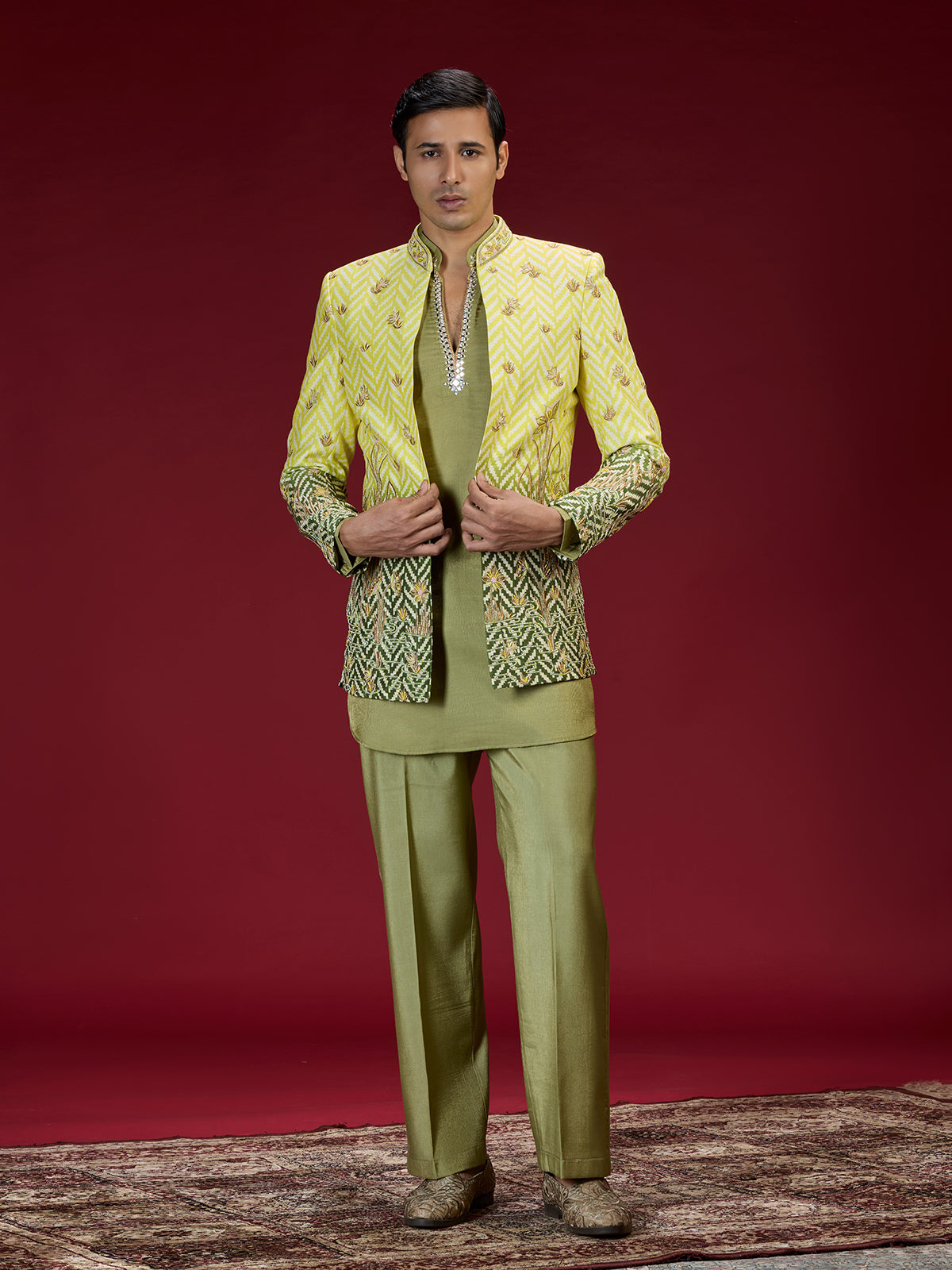 Green ombre jacquard indo western for men