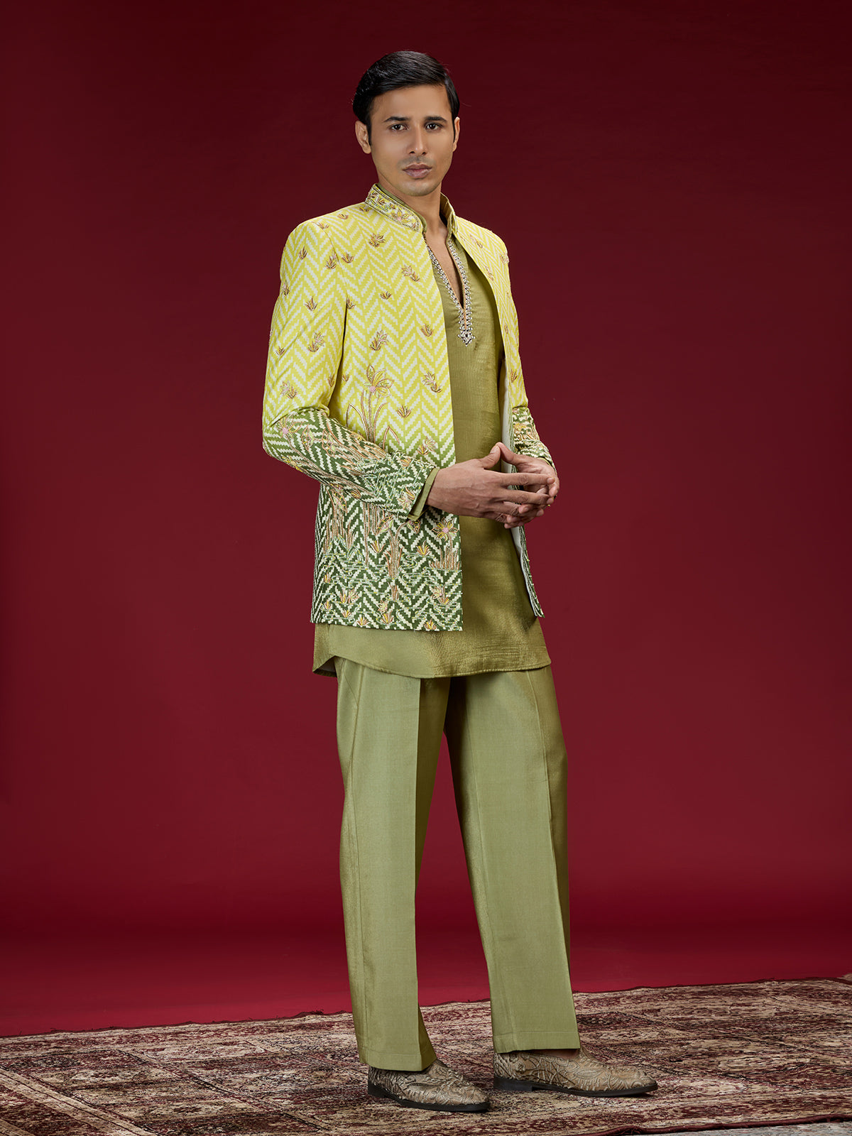 Green ombre jacquard indo western for men