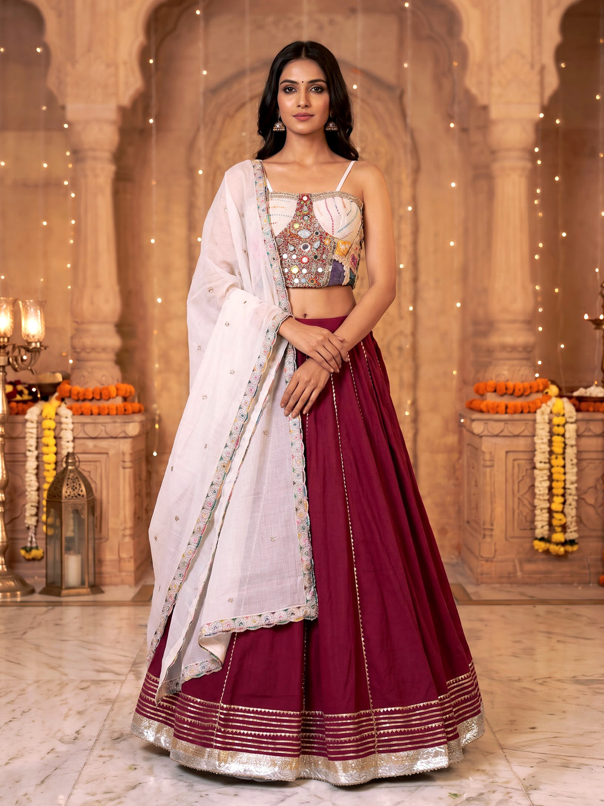 Maroon cotton silk blend lehenga choli with ornate gota embellishments