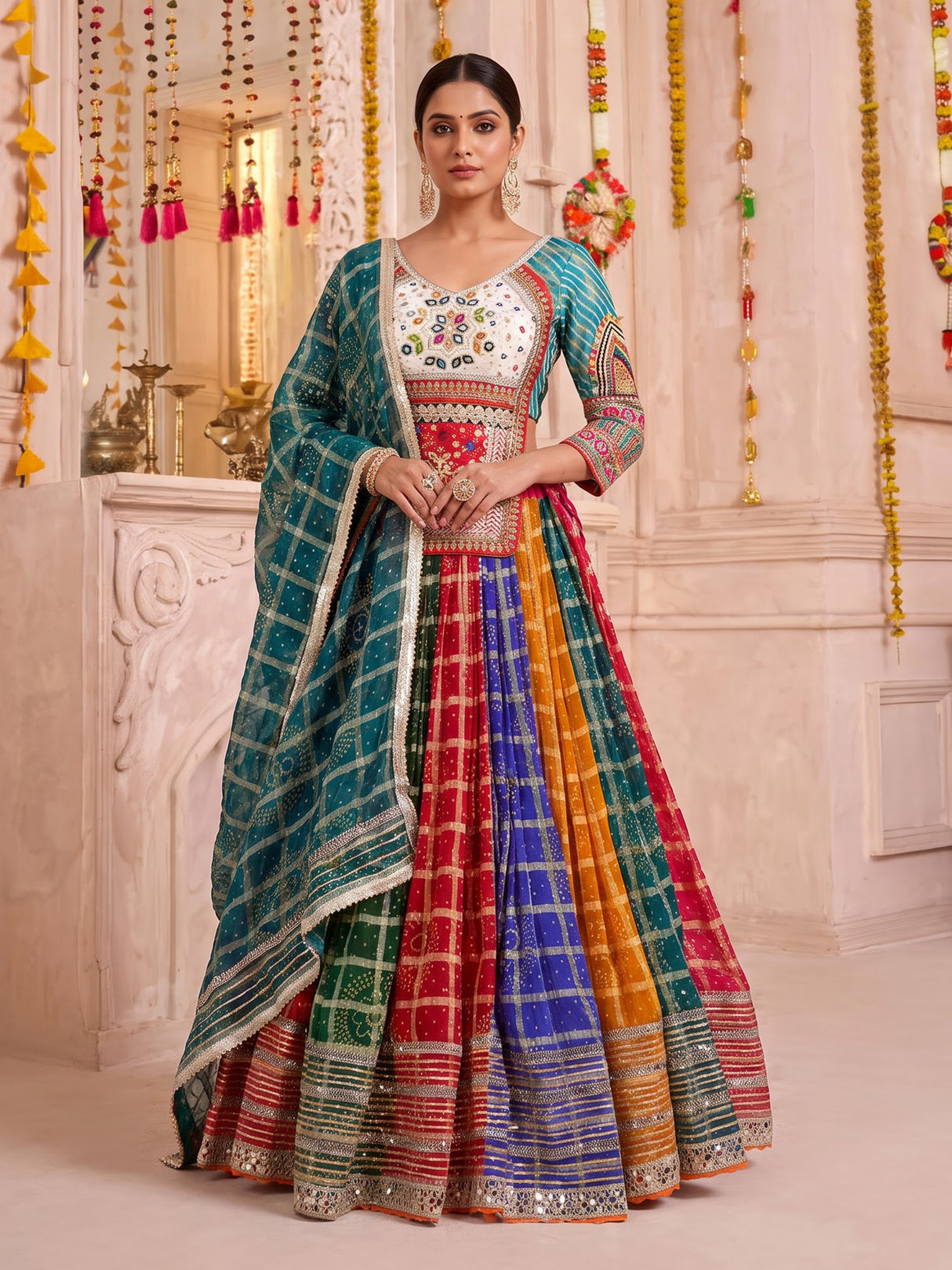 Multicolor georgette lehenga choli with bandhani printed contrast dupatta