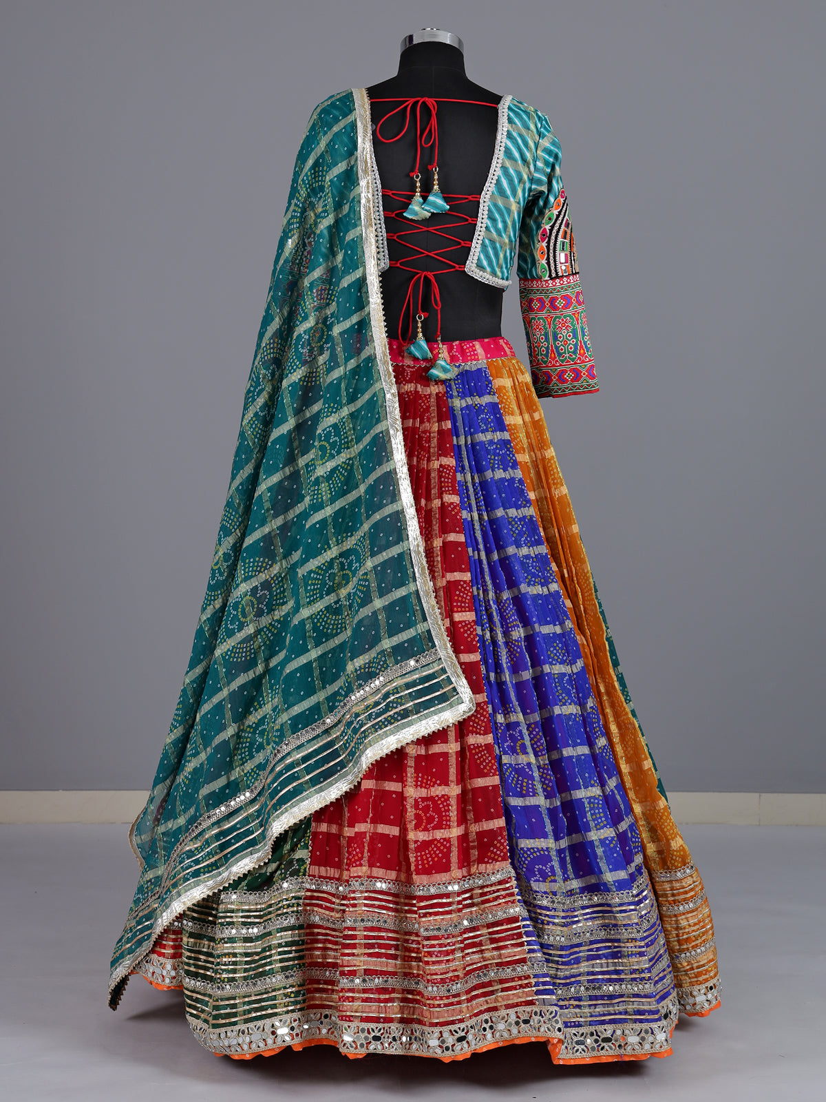 Multicolor georgette lehenga choli with bandhani printed contrast dupatta