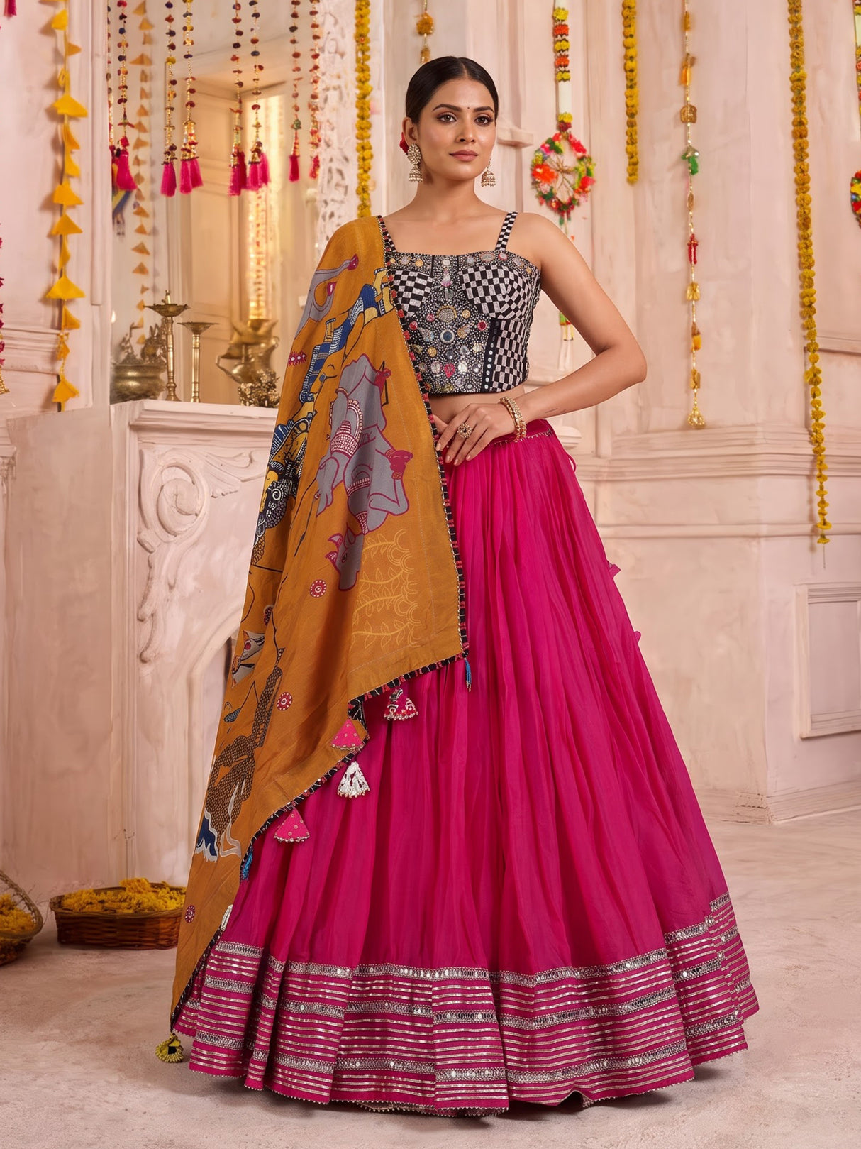 Rani pink pure silk blend lehenga choli with ornate mirror detailing