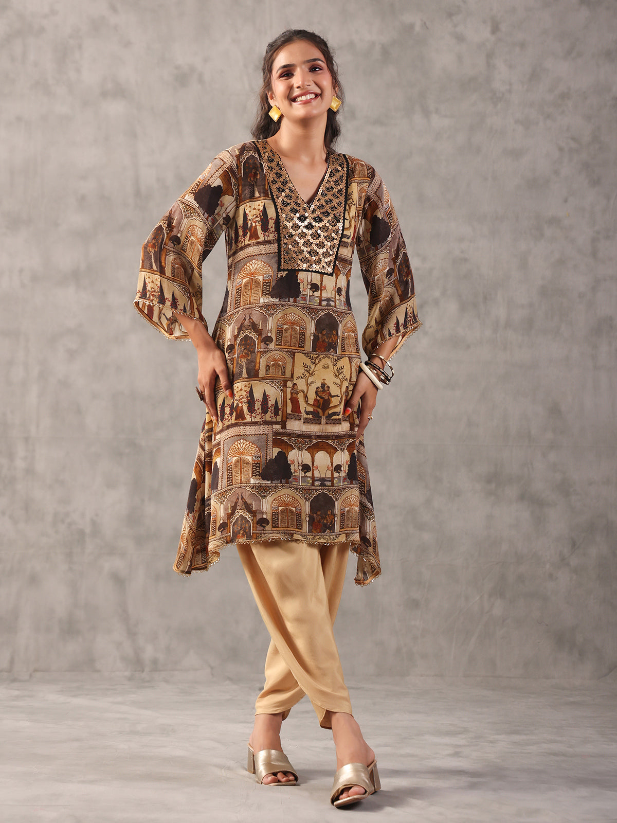 Beige viscose crepe ethnic dhoti suit