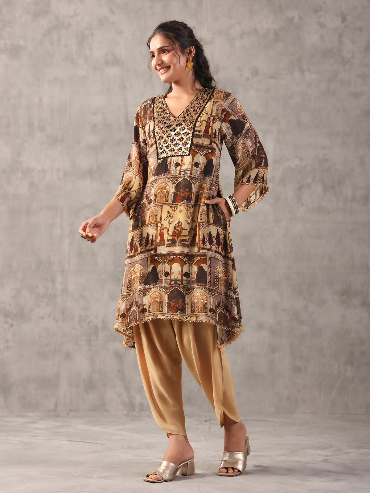 Beige viscose crepe ethnic dhoti suit