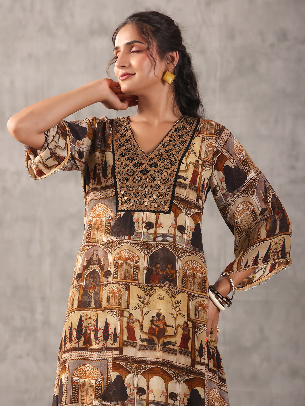 Beige viscose crepe ethnic dhoti suit
