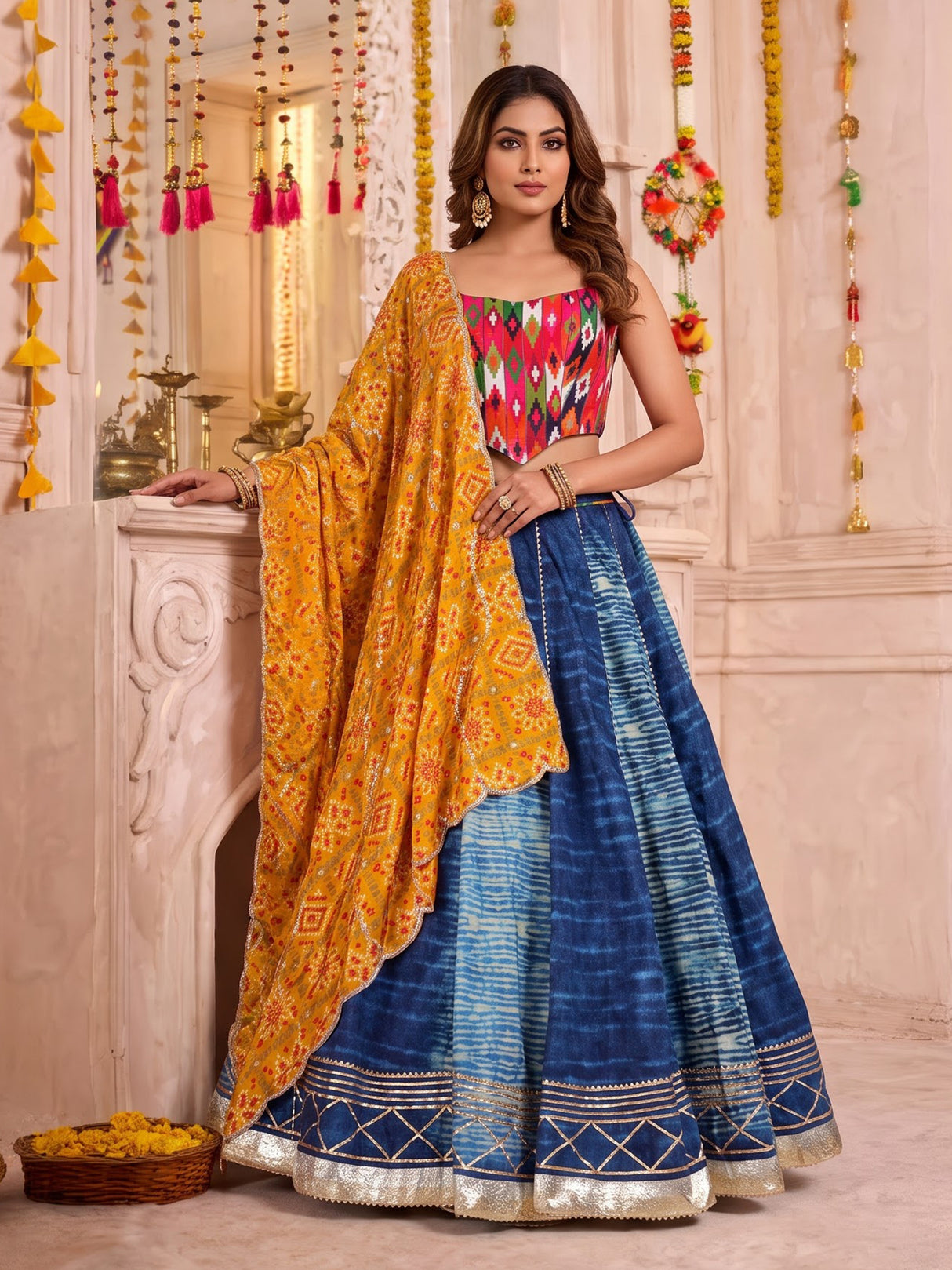 Blue pure silk blend lehenga choli with elegant gota detailing