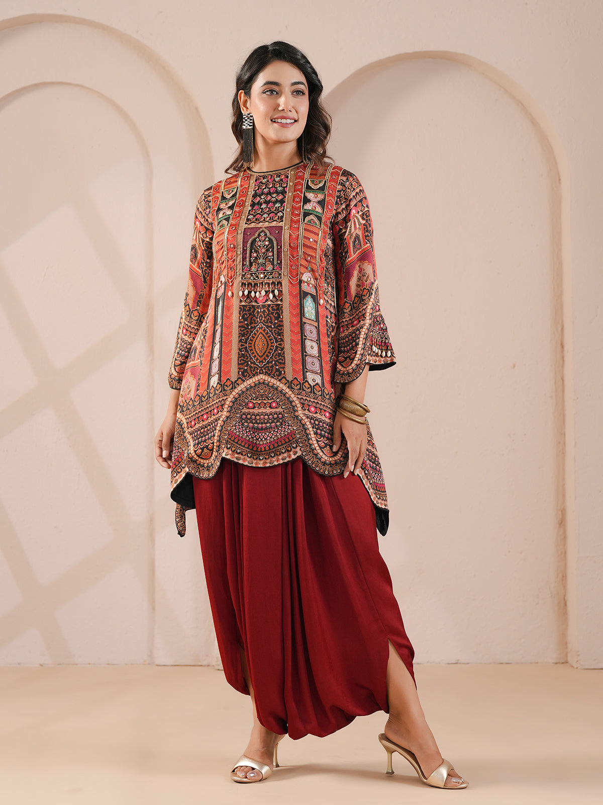 Maroon scalloped hem printed with harem indowestern suit