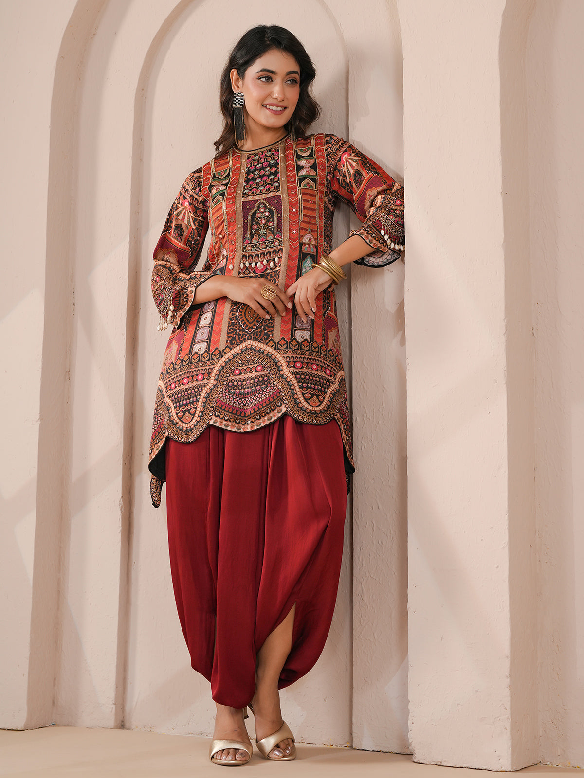 Maroon scalloped hem printed with harem indowestern suit
