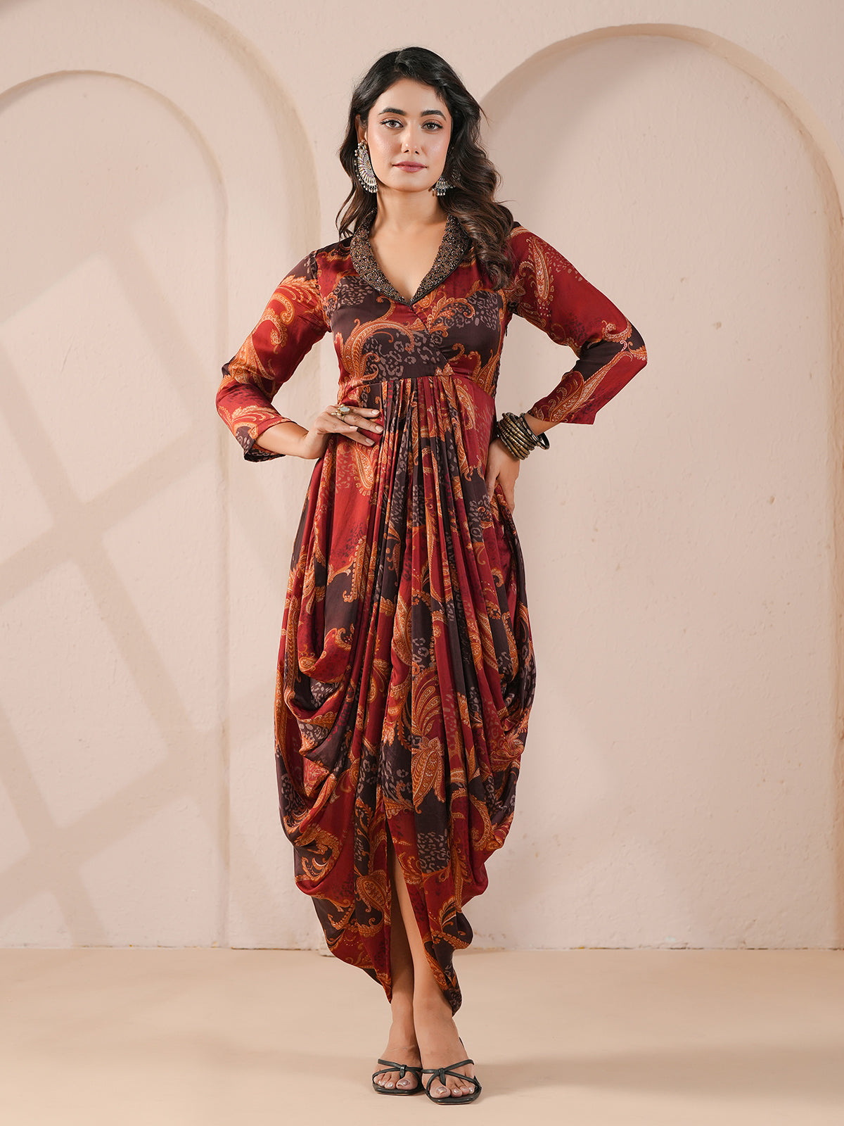 Maroon embellished printed cowl dress indowestern suit