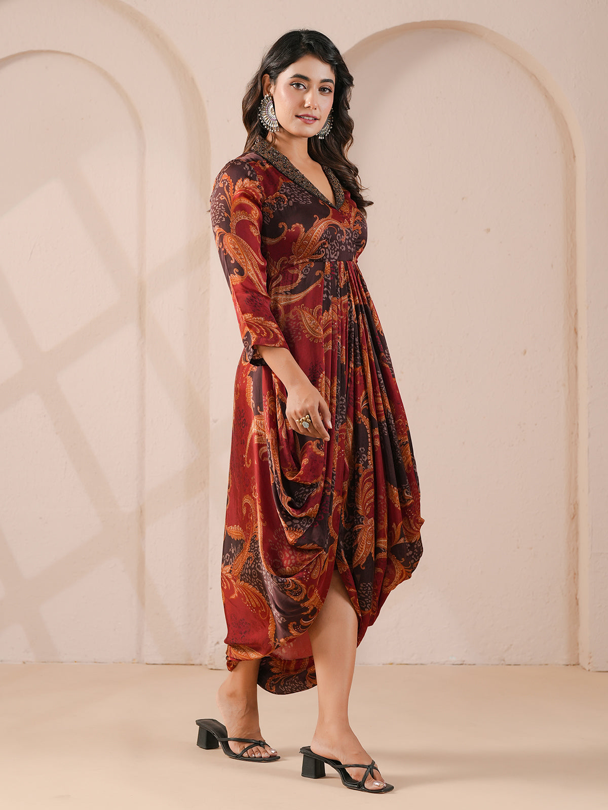 Maroon embellished printed cowl dress indowestern suit