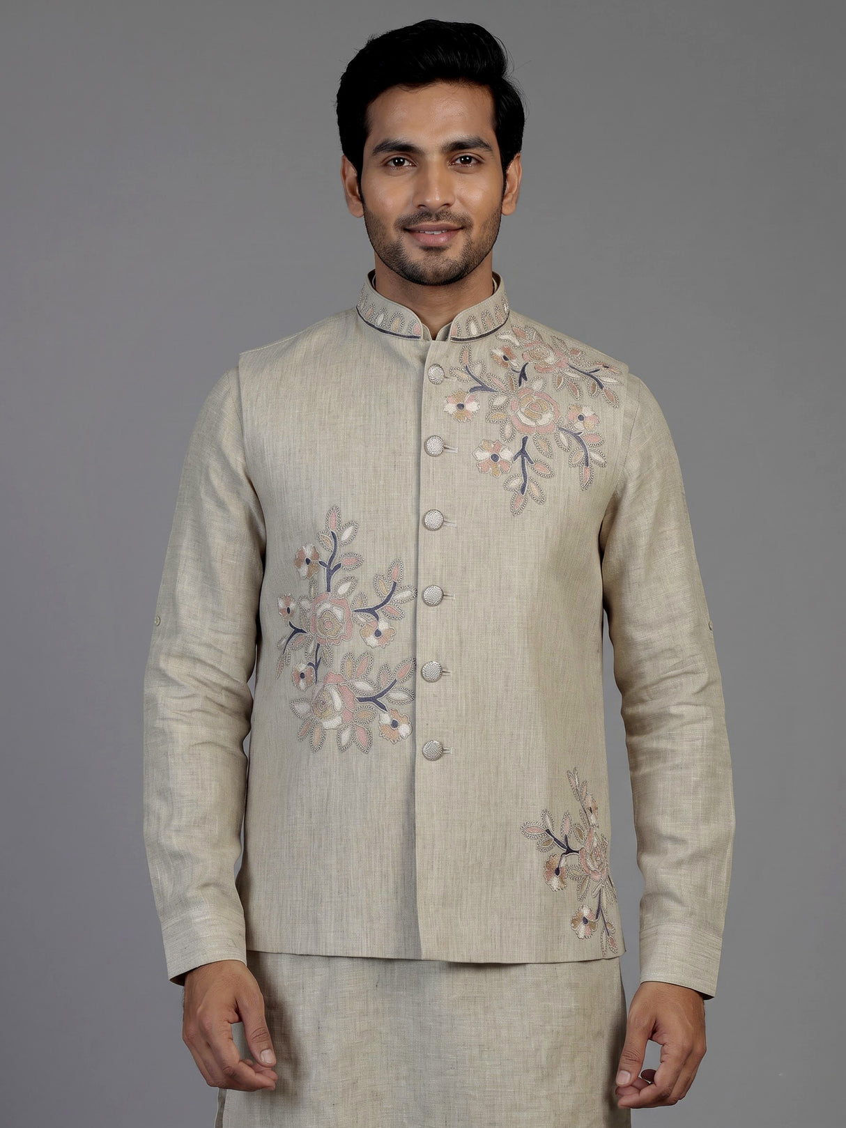 Beige cotton linen mens waistcoat set with elegant floral embroidery