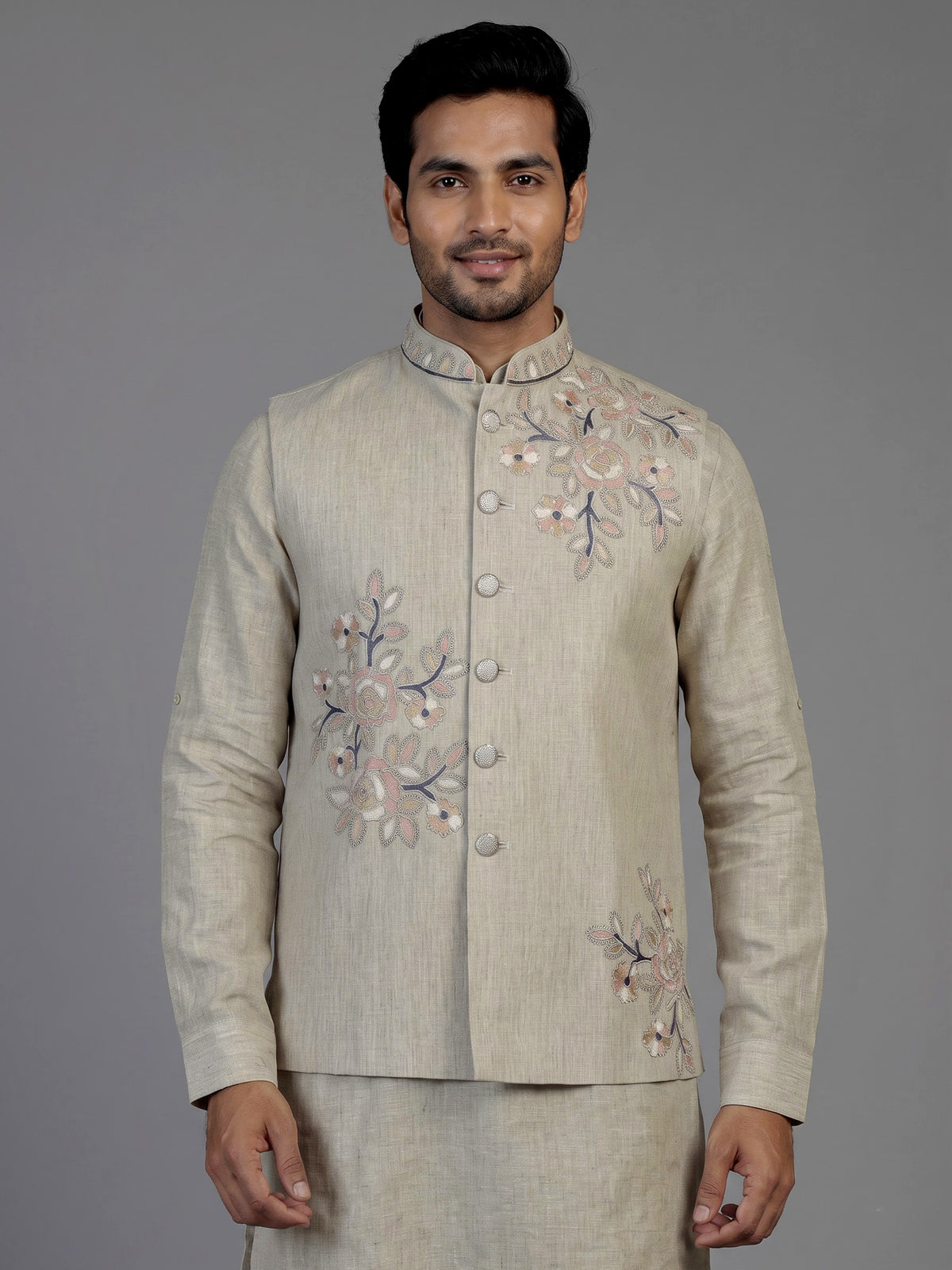 Beige cotton linen mens waistcoat set with elegant floral embroidery