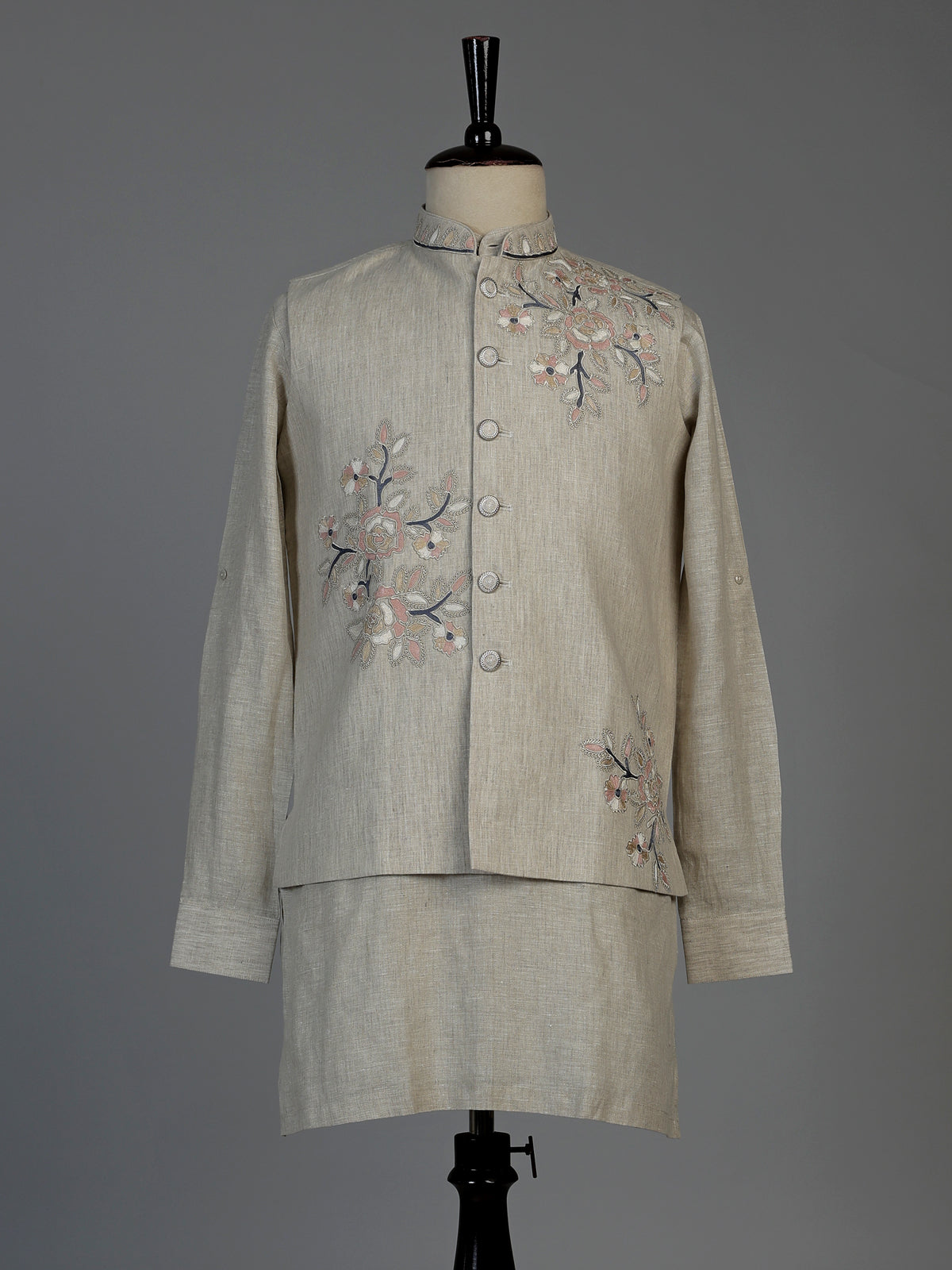 Beige cotton linen mens waistcoat set with elegant floral embroidery