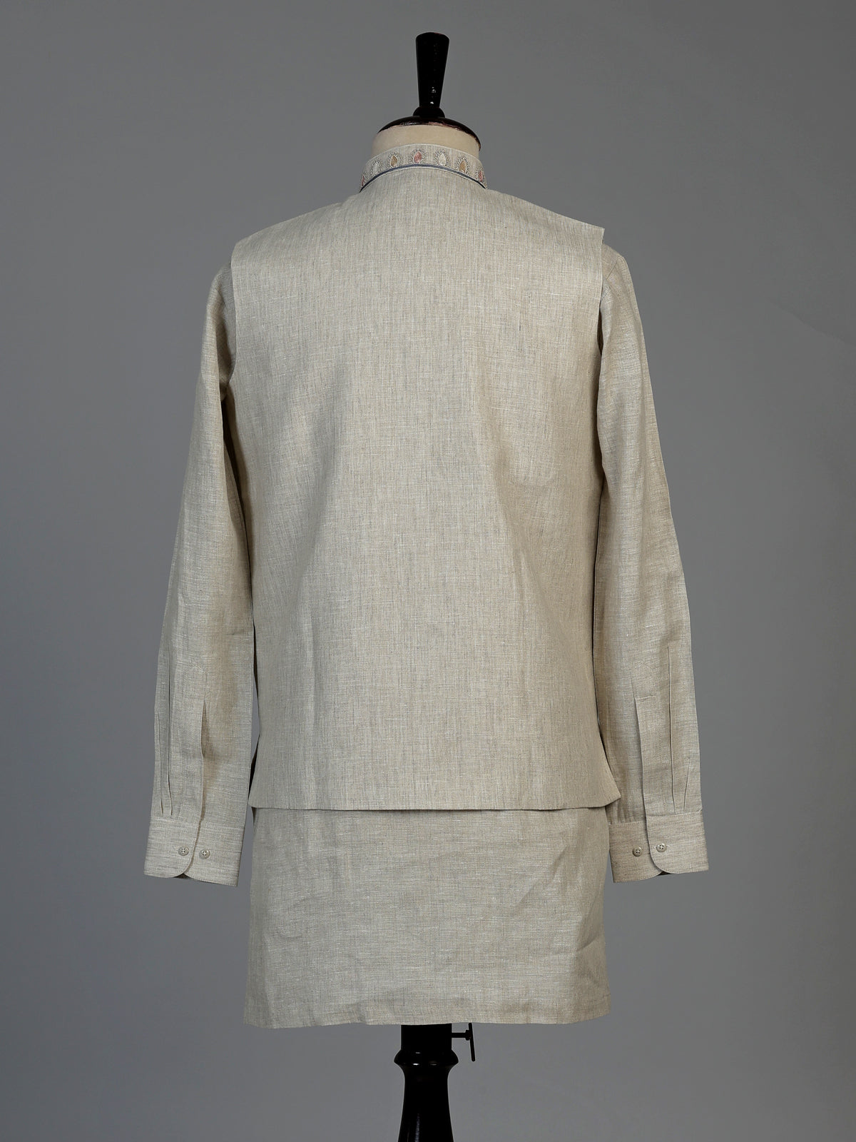 Beige cotton linen mens waistcoat set with elegant floral embroidery
