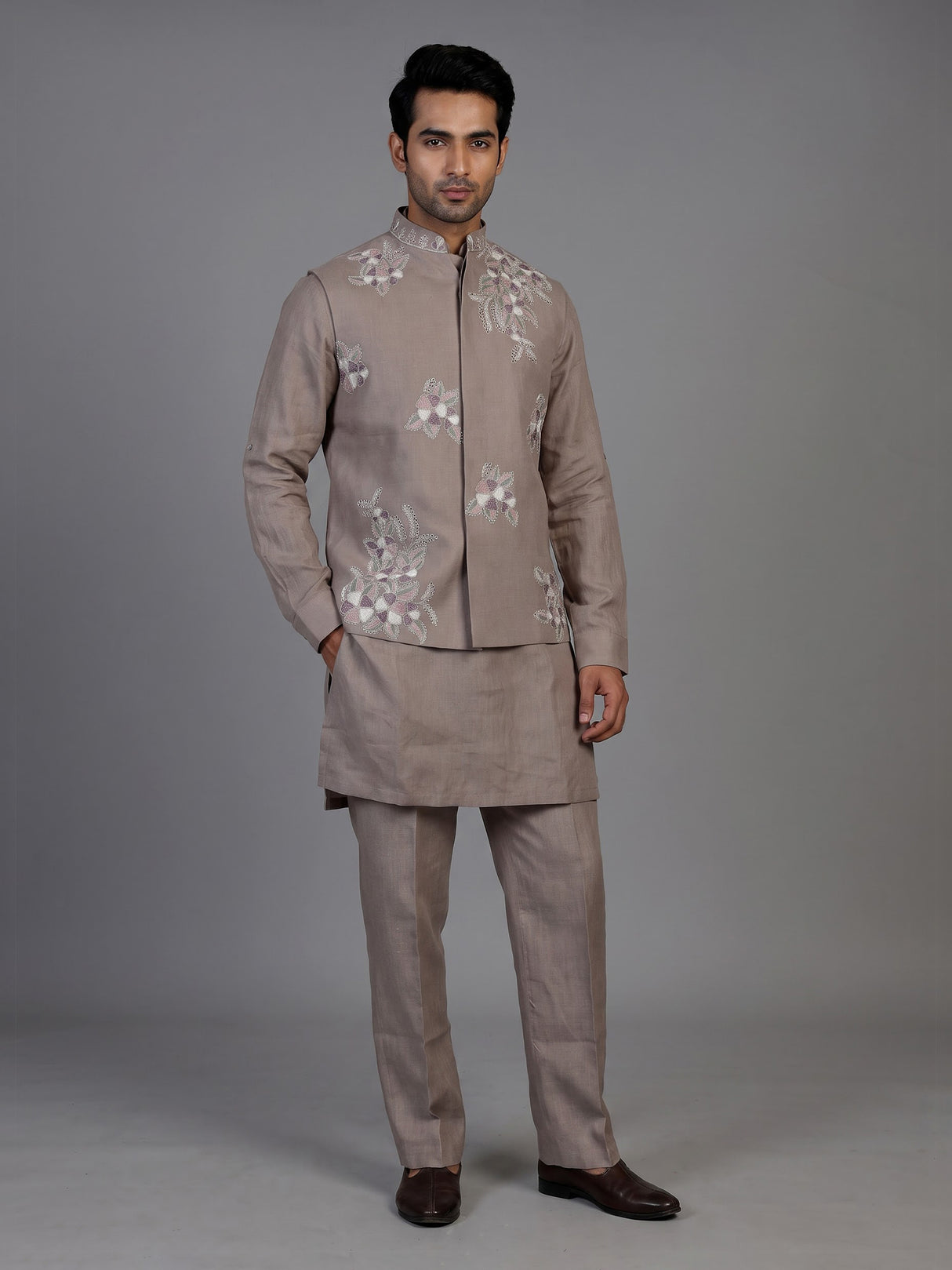 Beige cotton linen mens waistcoat set with floral threadwork