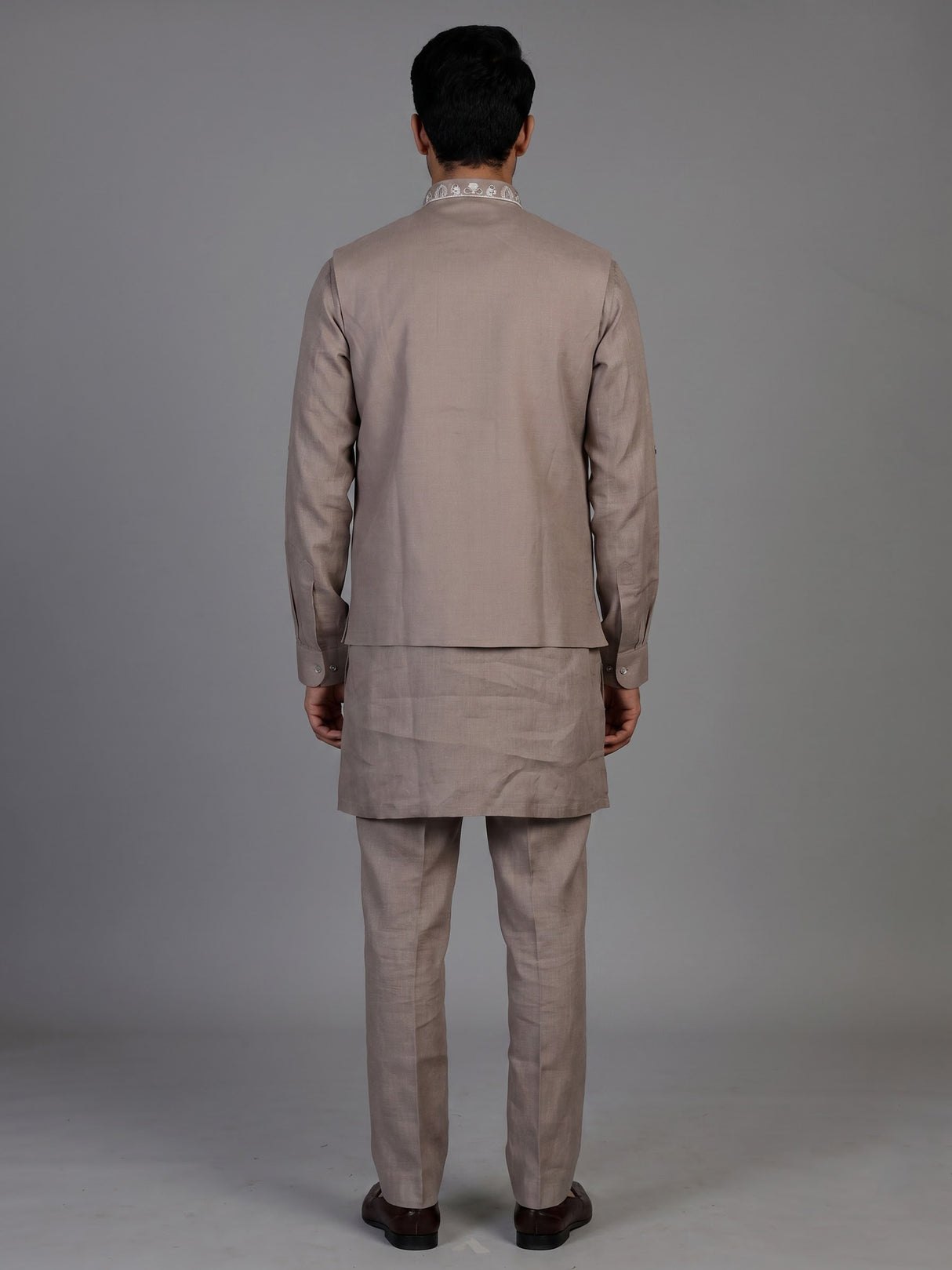 Beige cotton linen mens waistcoat set with floral threadwork