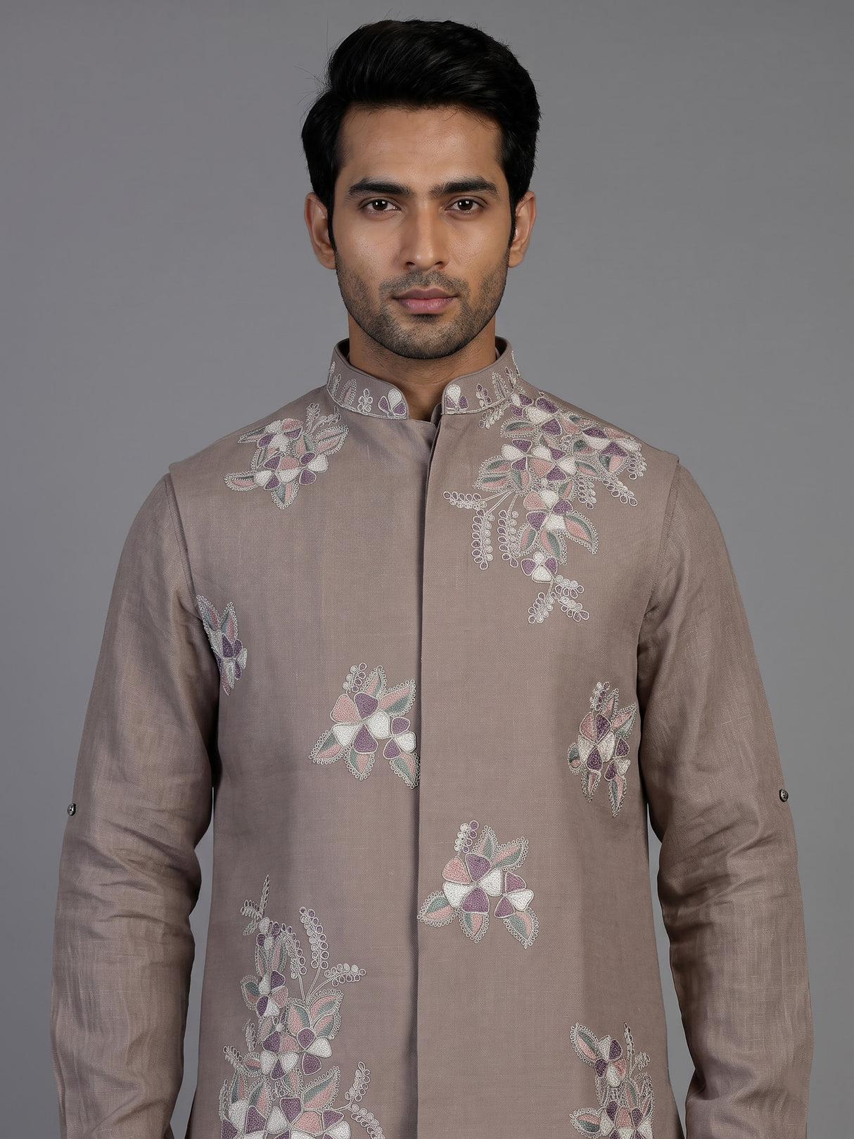 Beige cotton linen mens waistcoat set with floral threadwork