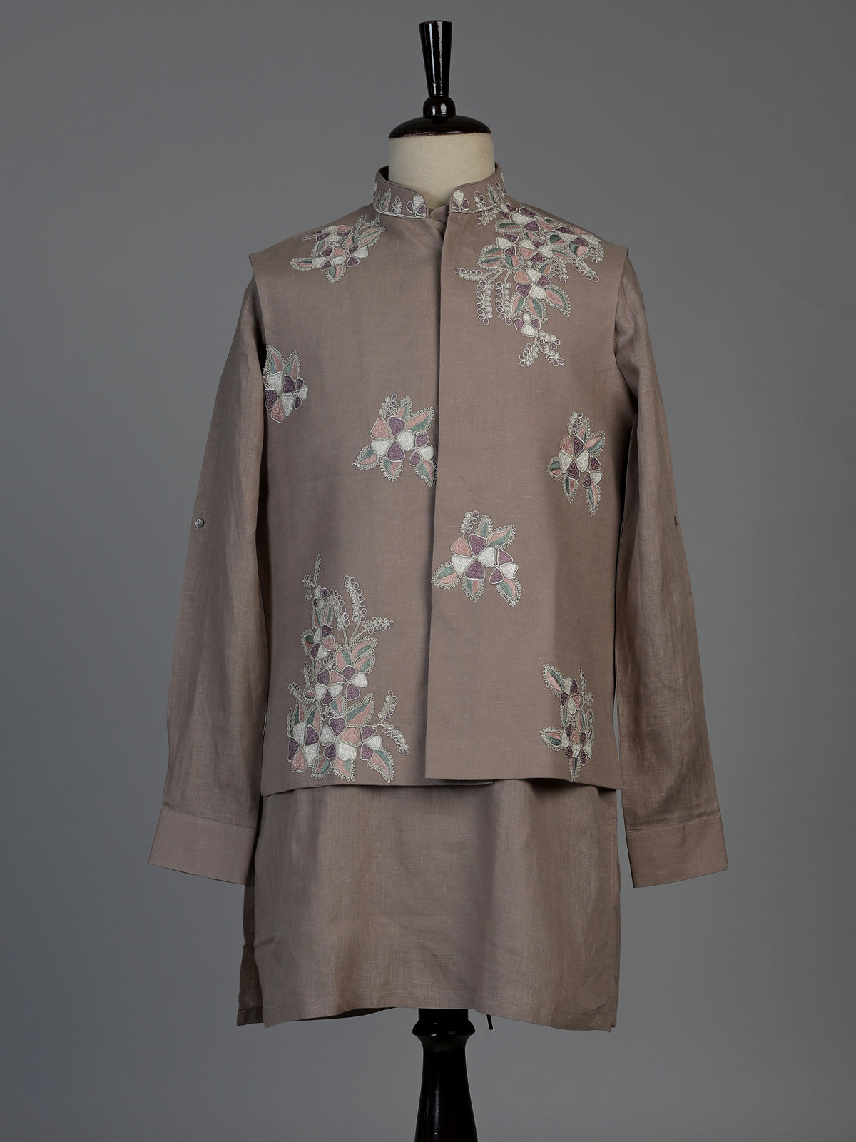 Beige cotton linen mens waistcoat set with floral threadwork