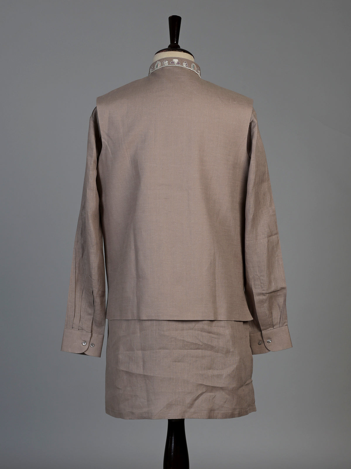 Beige cotton linen mens waistcoat set with floral threadwork