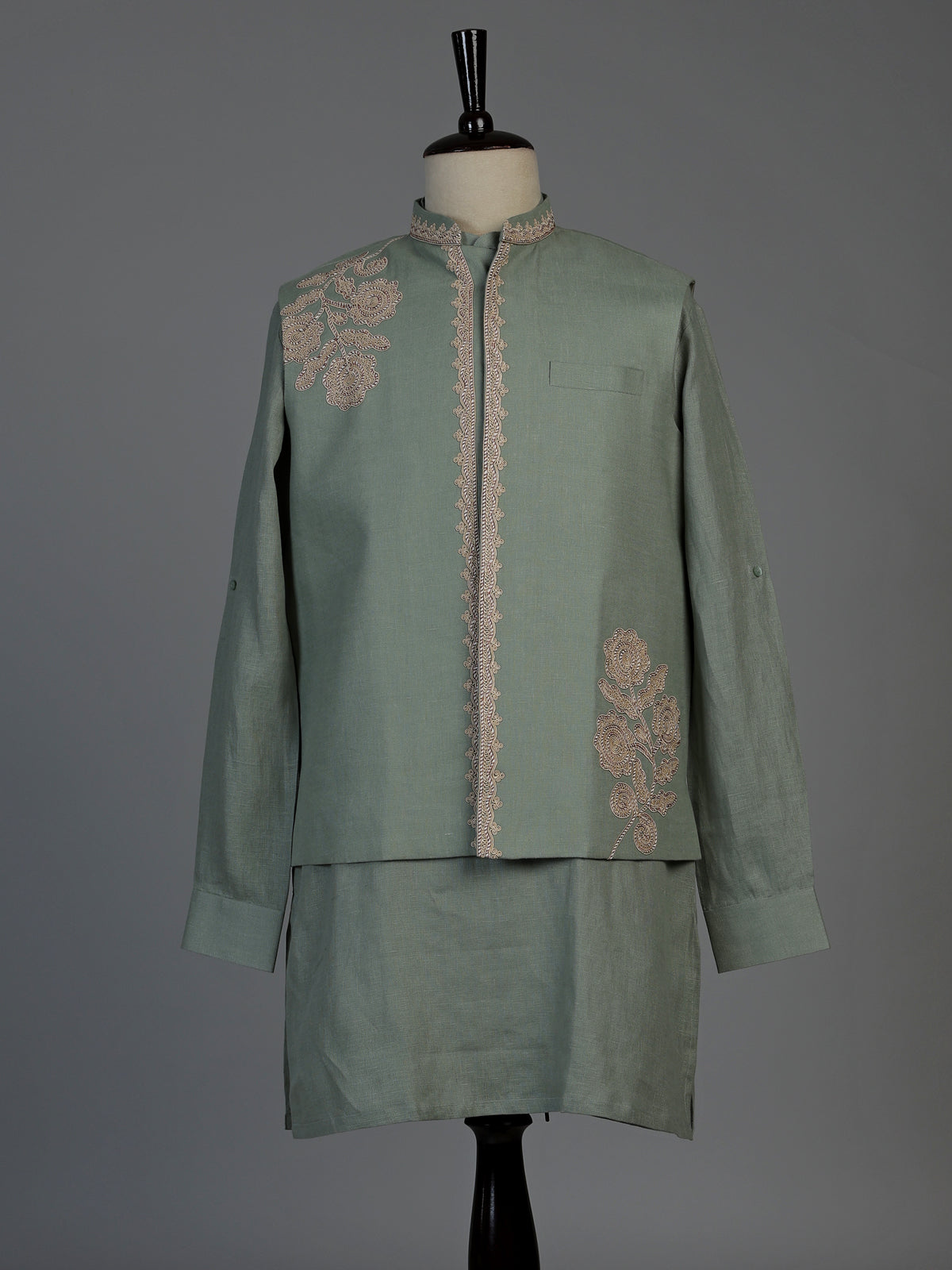 Pista green cotton linen mens waistcoat set with floral detailing