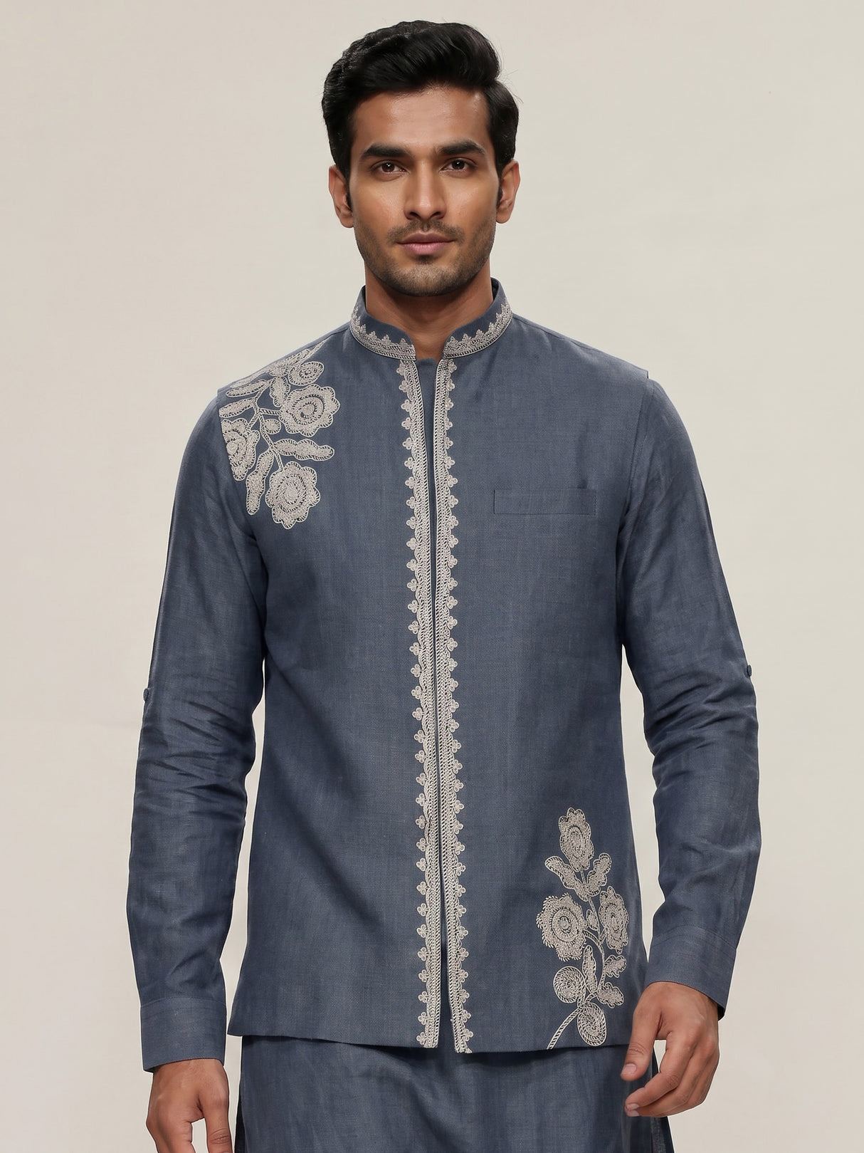 Dark grey cotton linen mens waistcoat set with floral threadwork