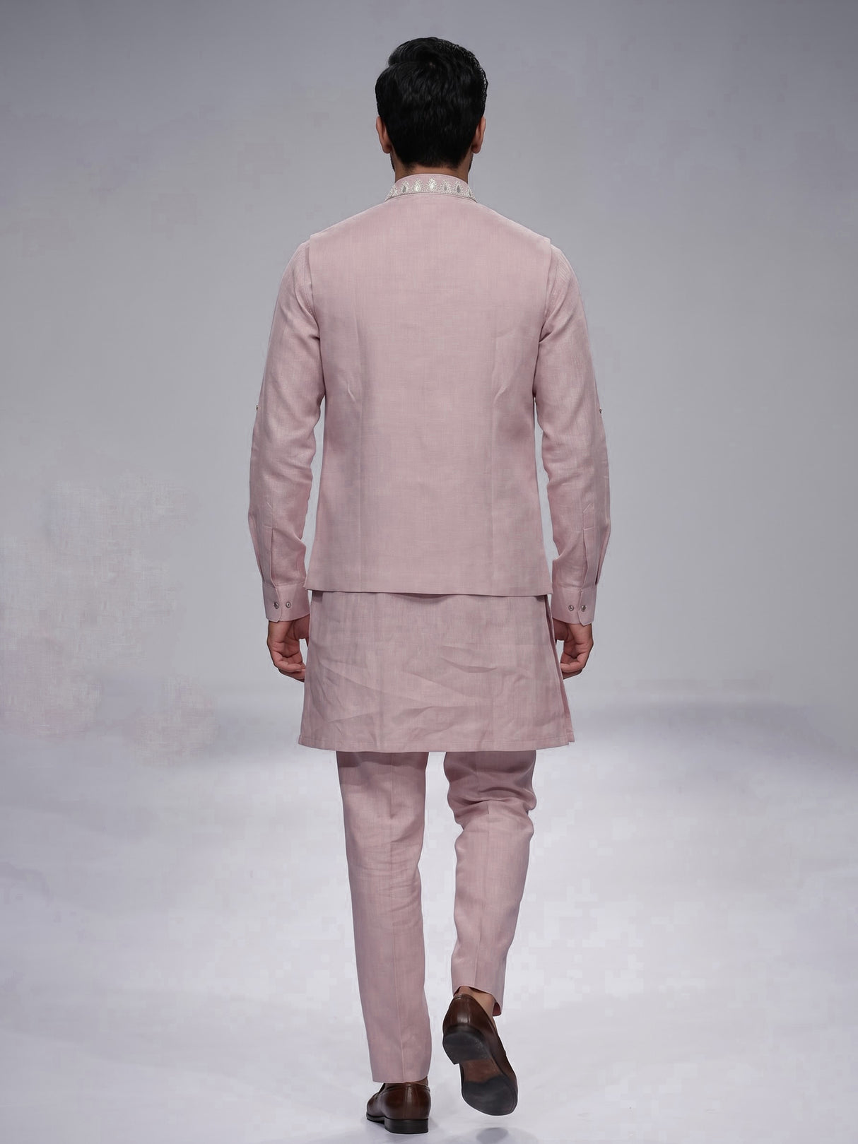 Pink cotton linen mens waistcoat set with floral threadwork