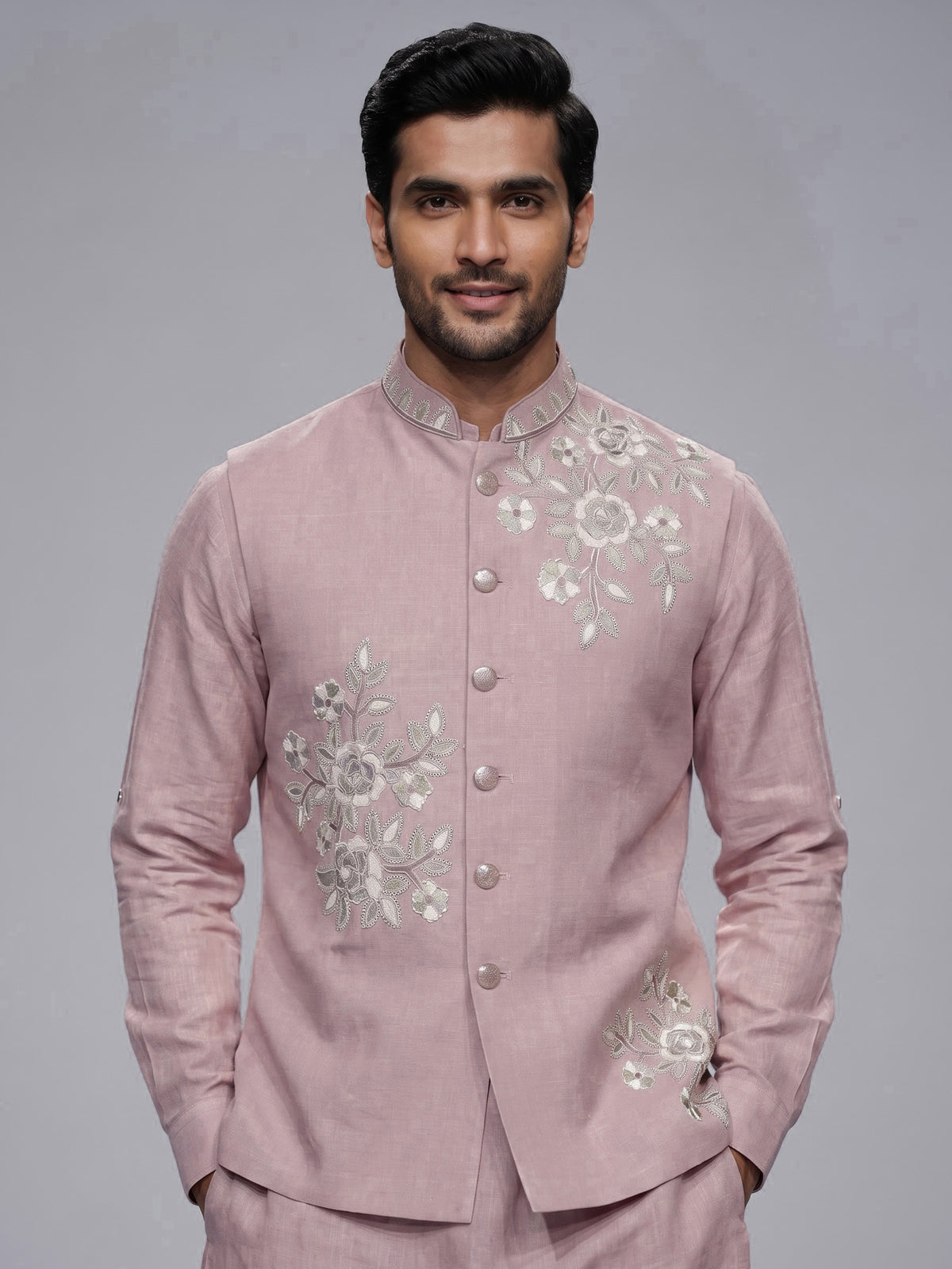 Pink cotton linen mens waistcoat set with floral threadwork