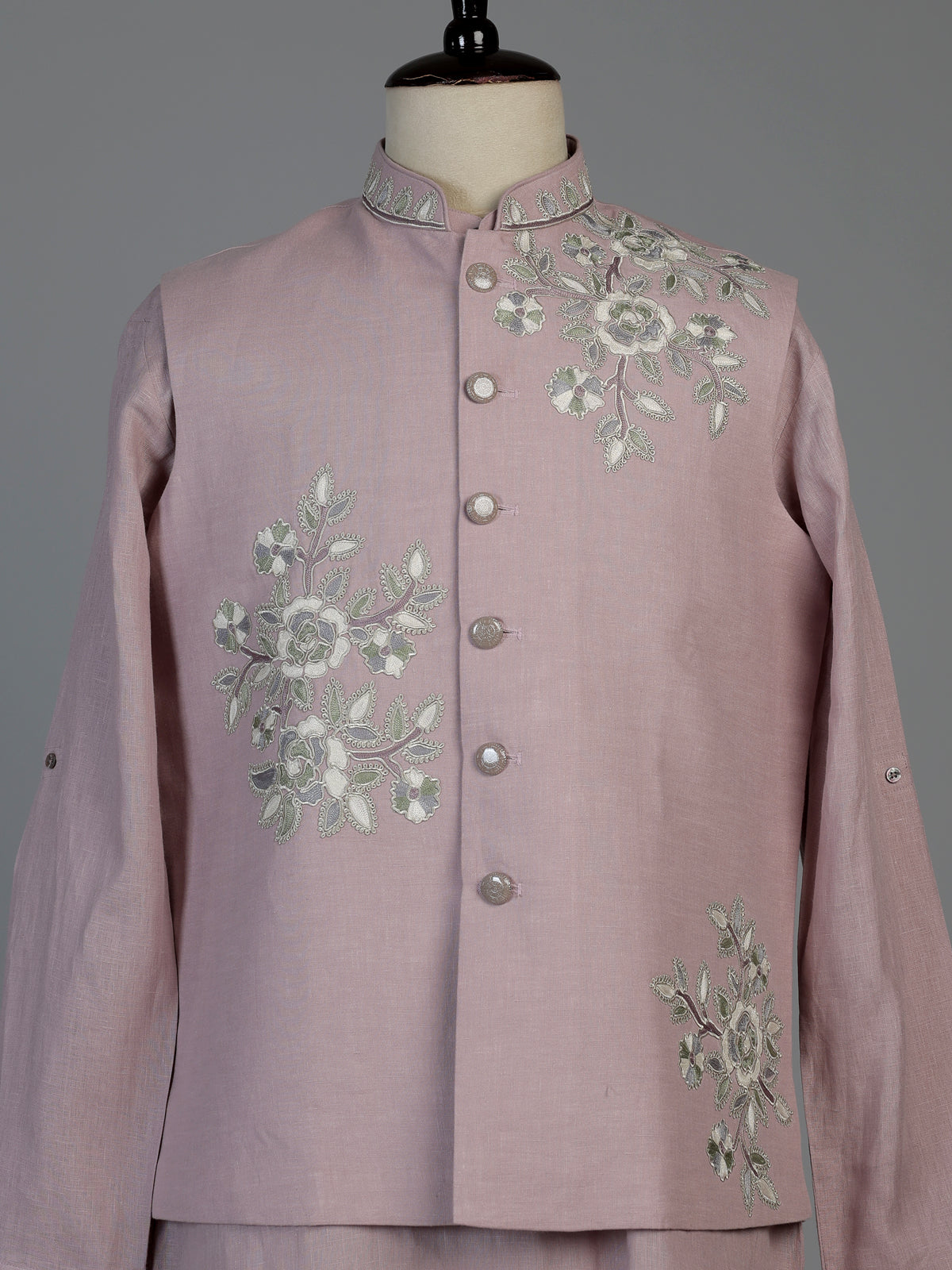 Pink cotton linen mens waistcoat set with floral threadwork
