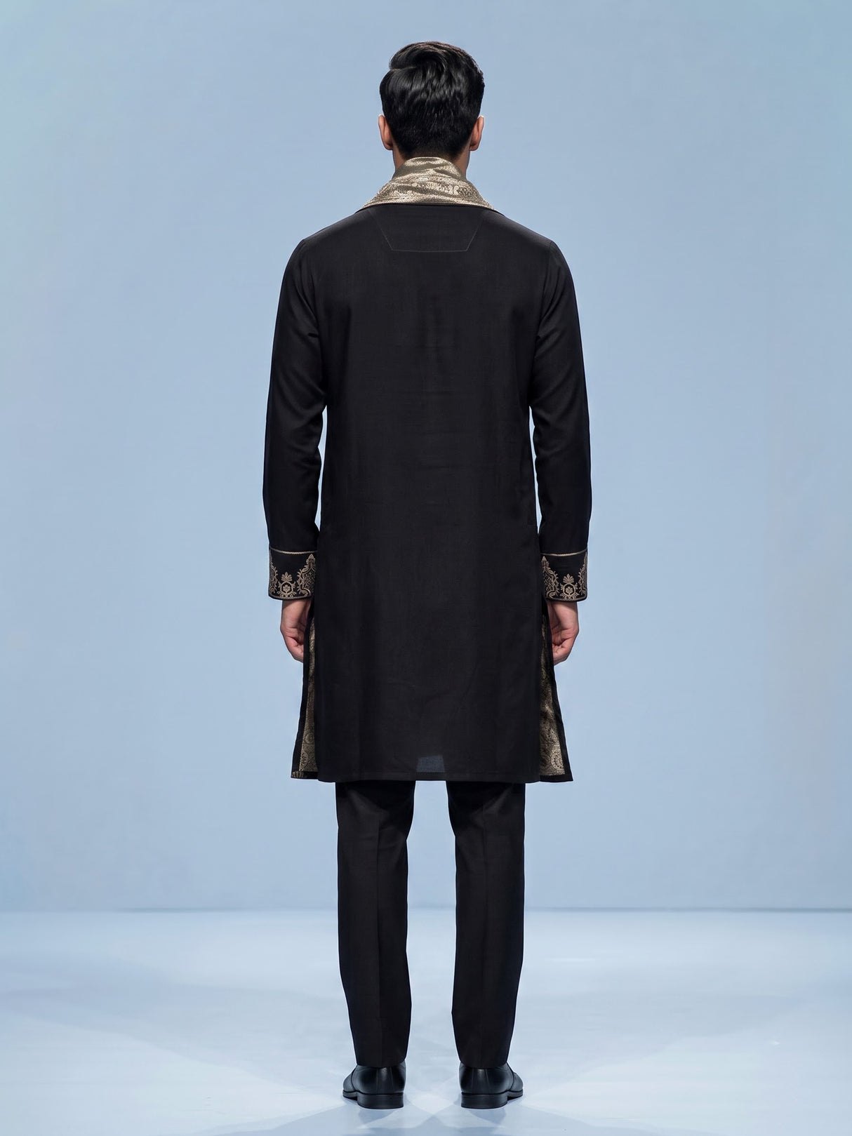 Black silk blend mens kurta suit with refined embroidery