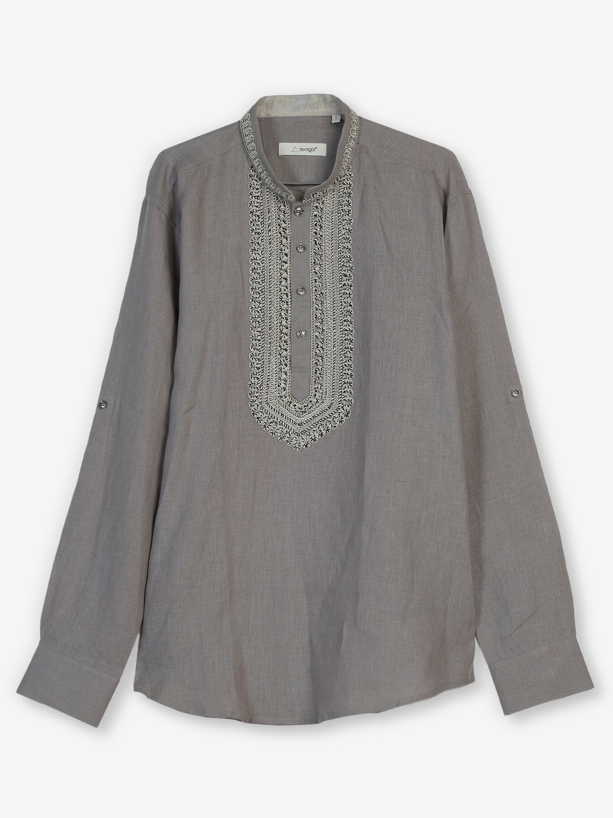 Grey cotton linen mens short kurta with refined threadwork