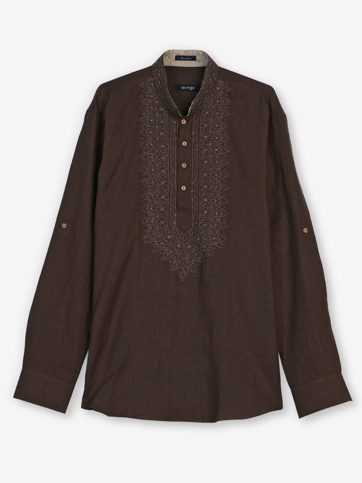 Coffee brown cotton linen mens short kurta with embroidery