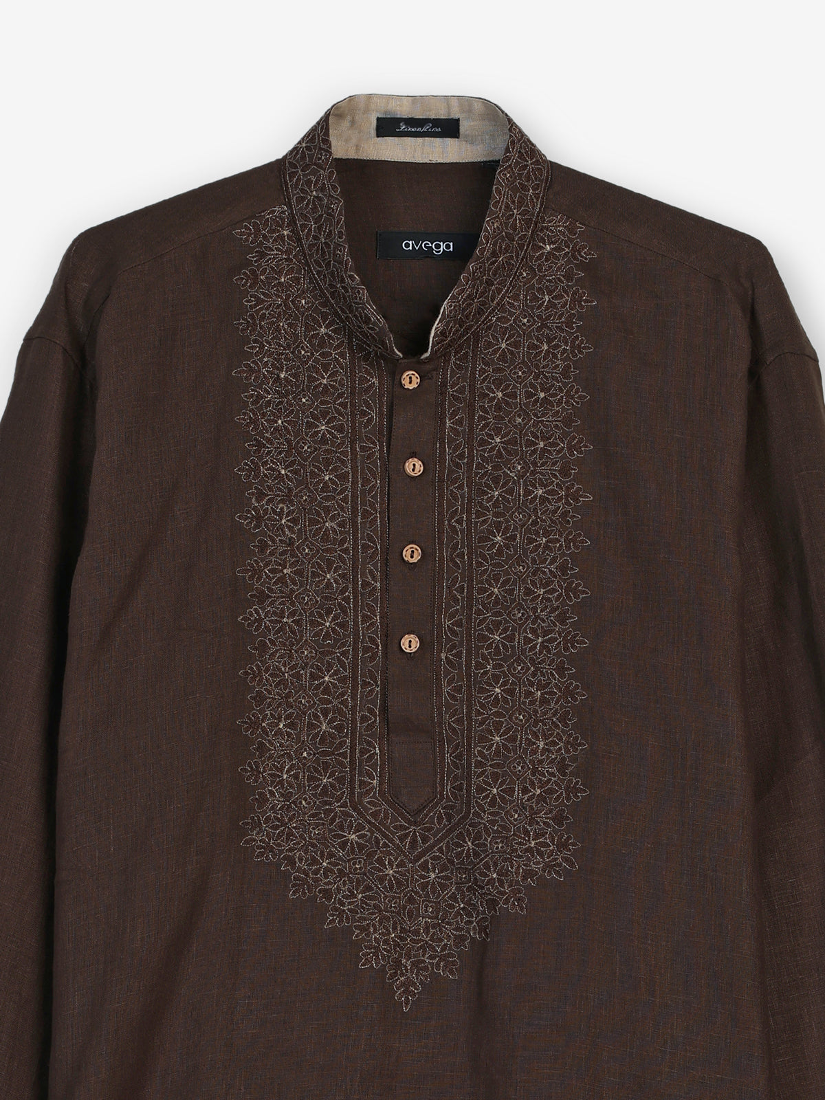 Coffee brown cotton linen mens short kurta with embroidery