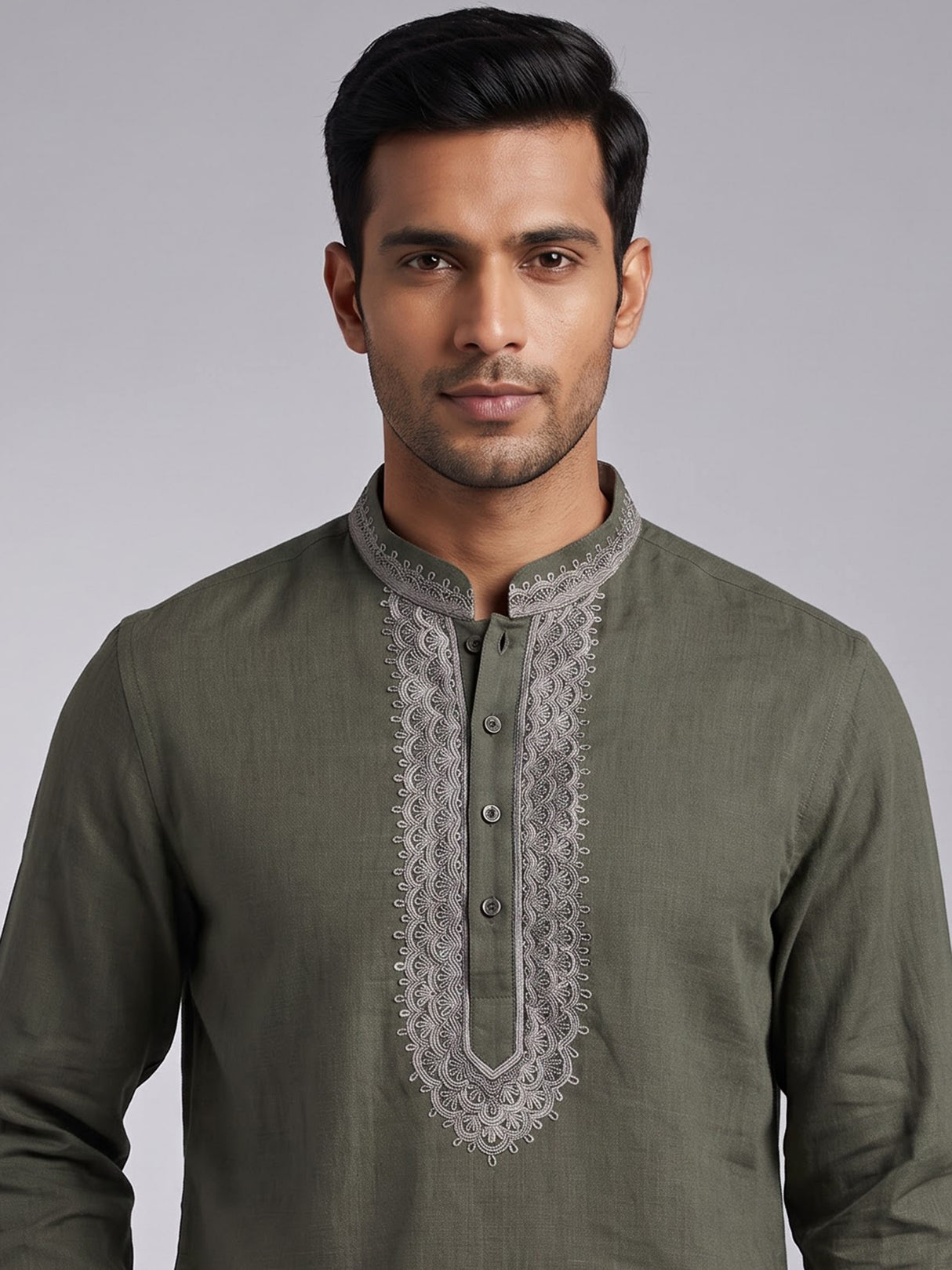 Mehendi green cotton linen mens short kurta with threadwork