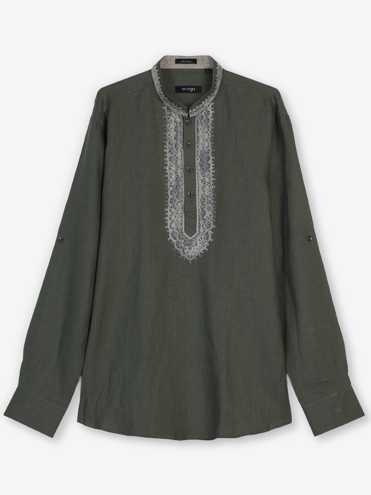 Mehendi green cotton linen mens short kurta with threadwork