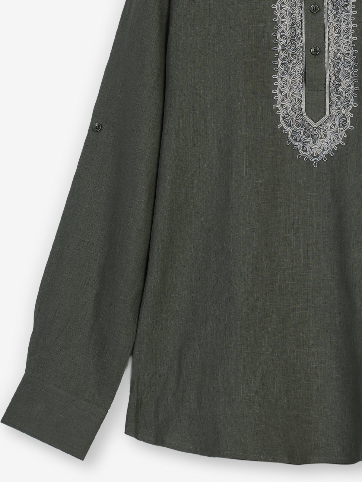 Mehendi green cotton linen mens short kurta with threadwork