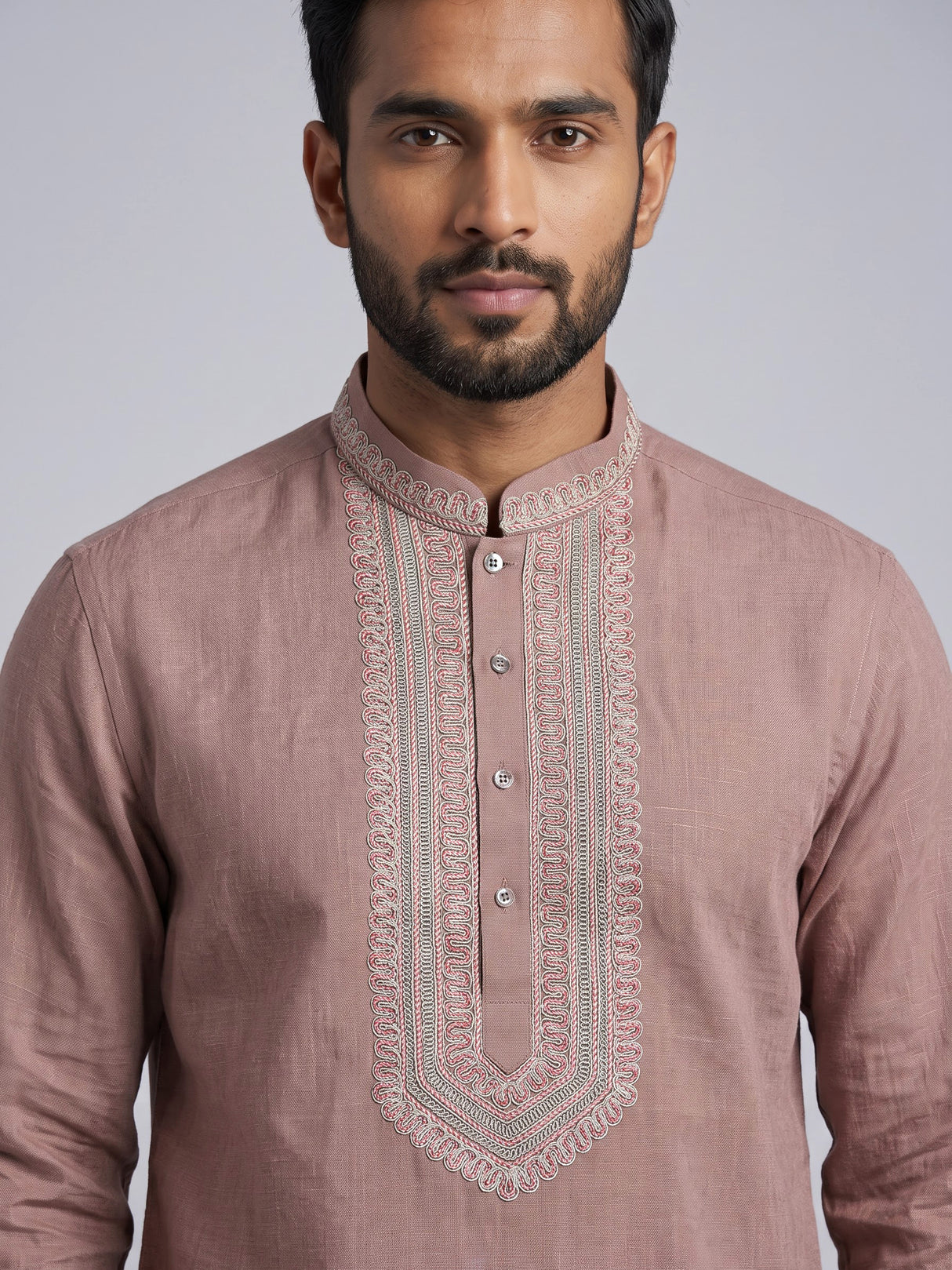 Dusty peach cotton linen mens short kurta with threadwork