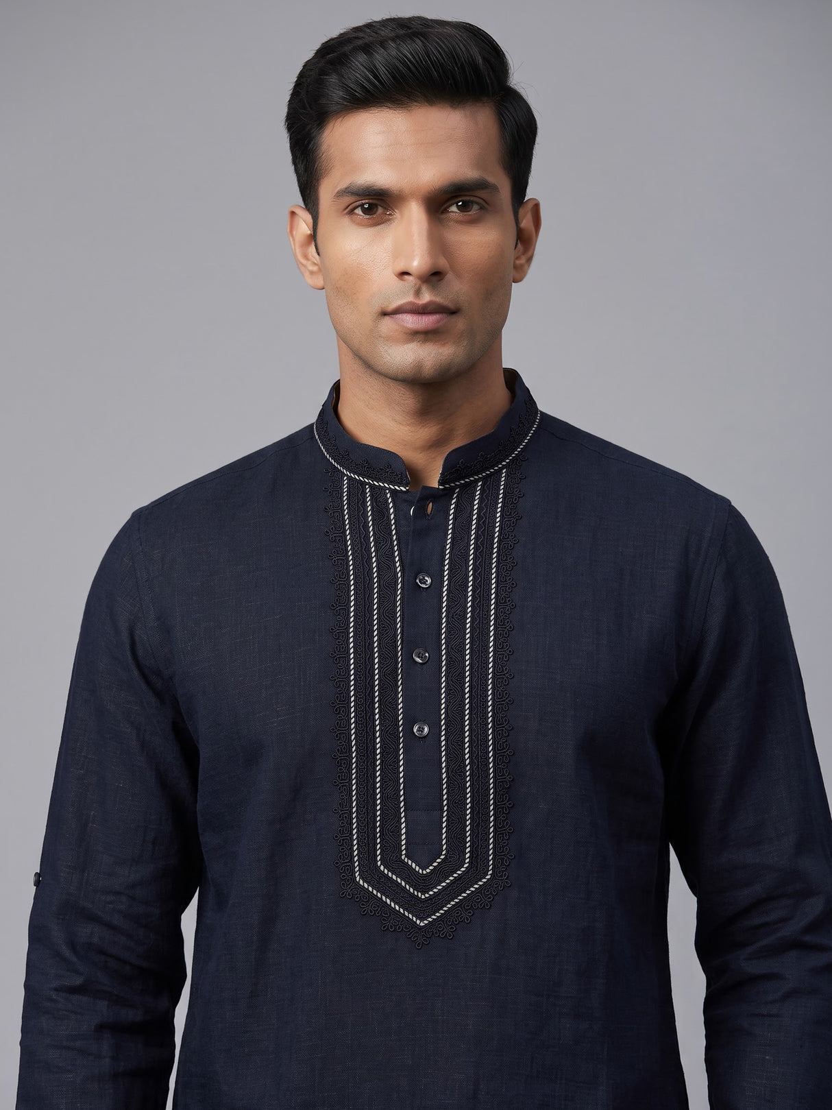 Navy cotton linen mens short kurta with threadwork