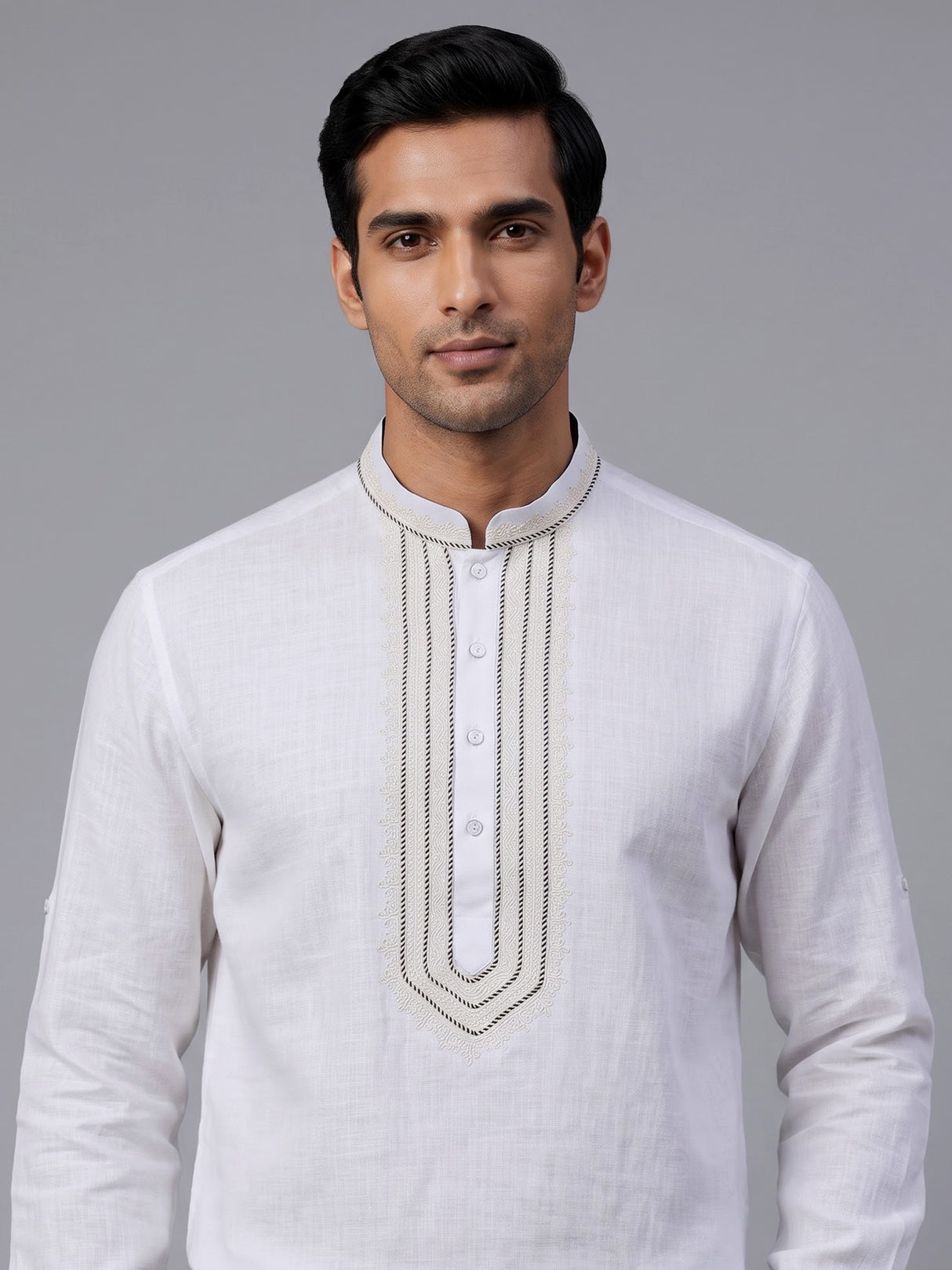 White botanical embroidered kurta for men
