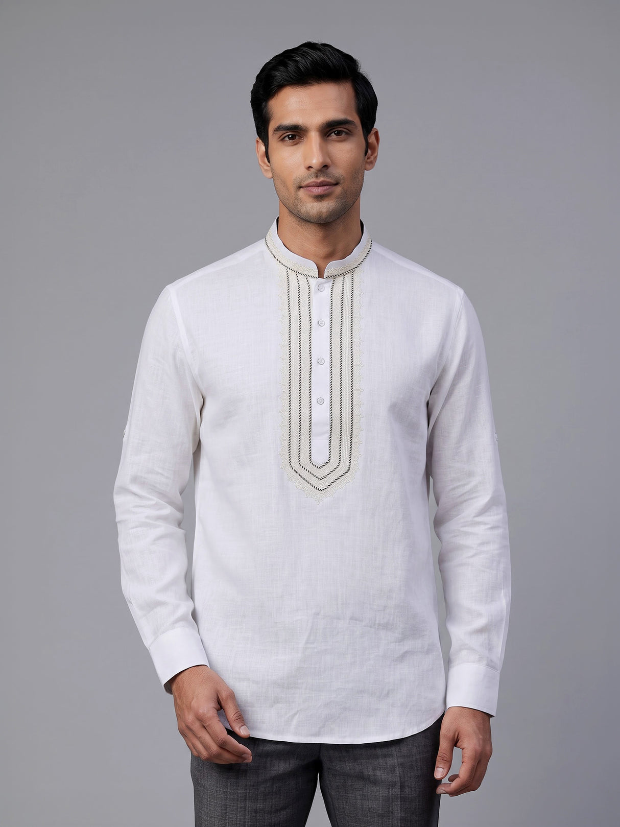 White botanical embroidered kurta for men