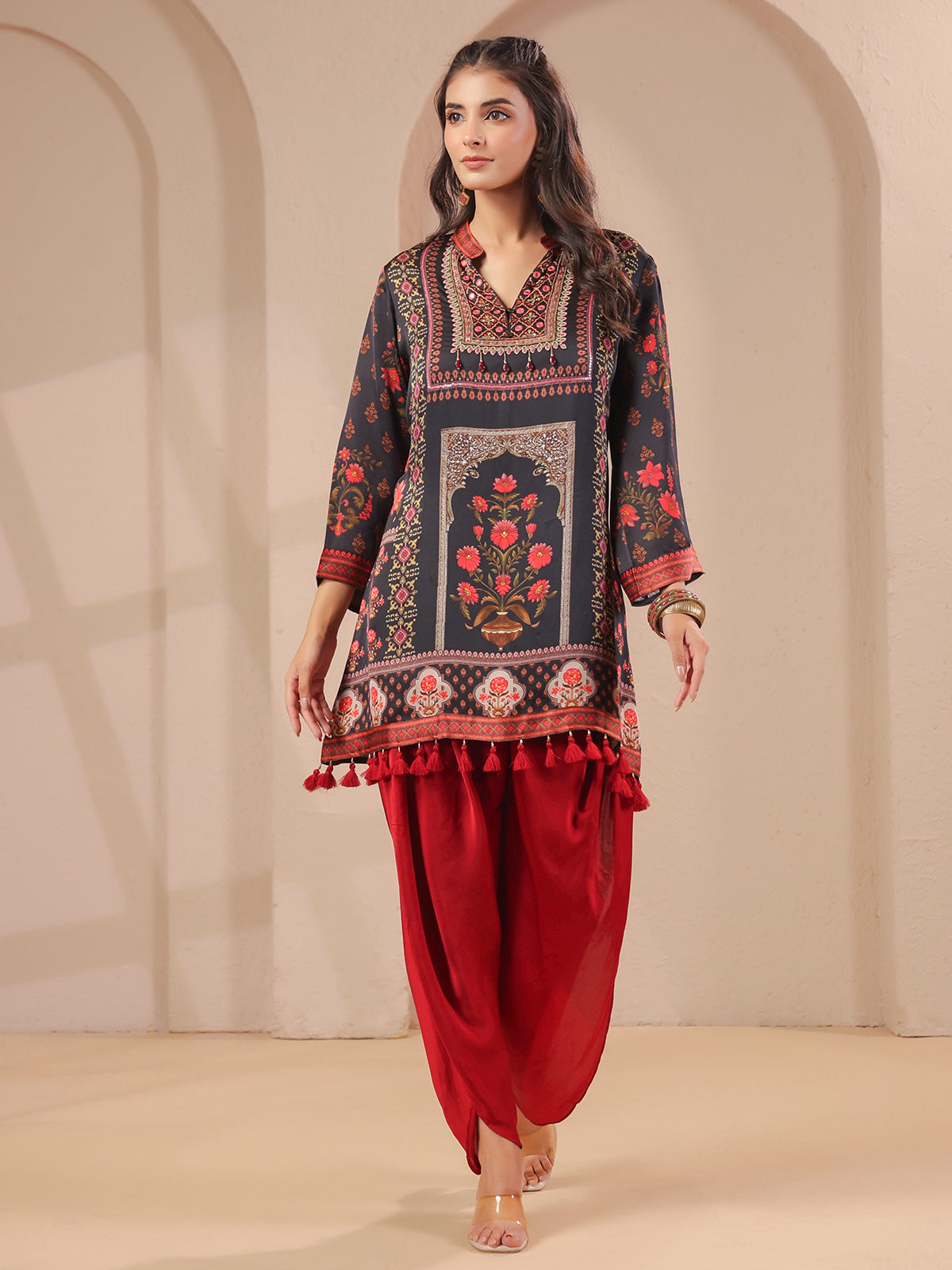 Black hand embellished kurta with elegant dhoti suit