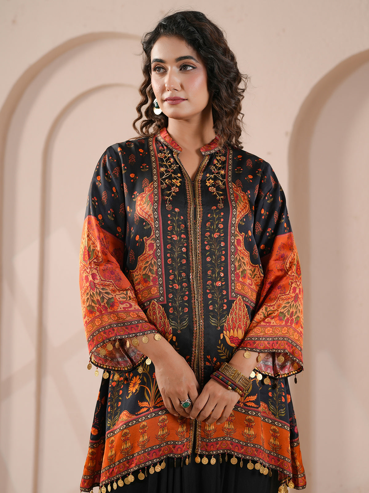 Black ethnic embellished kurta with statement indowestern suit