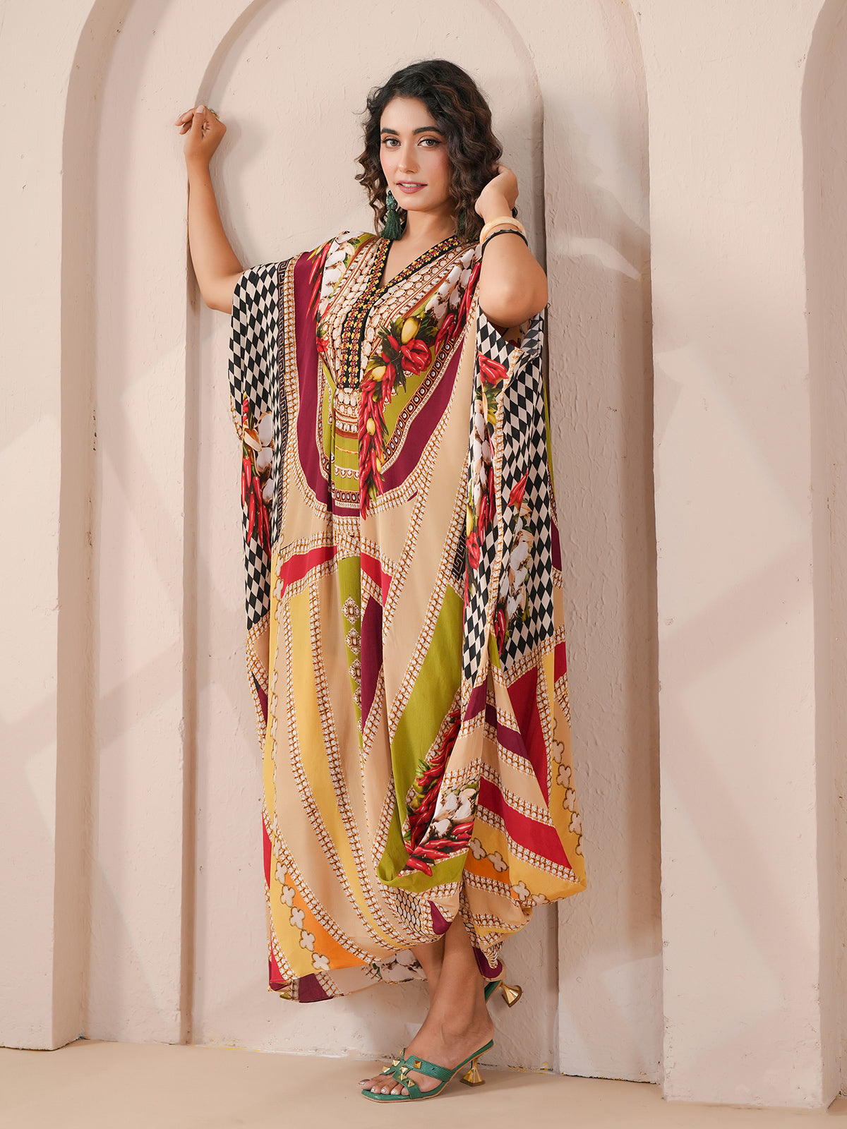 Beige designer drape kaftan with indowestern suit