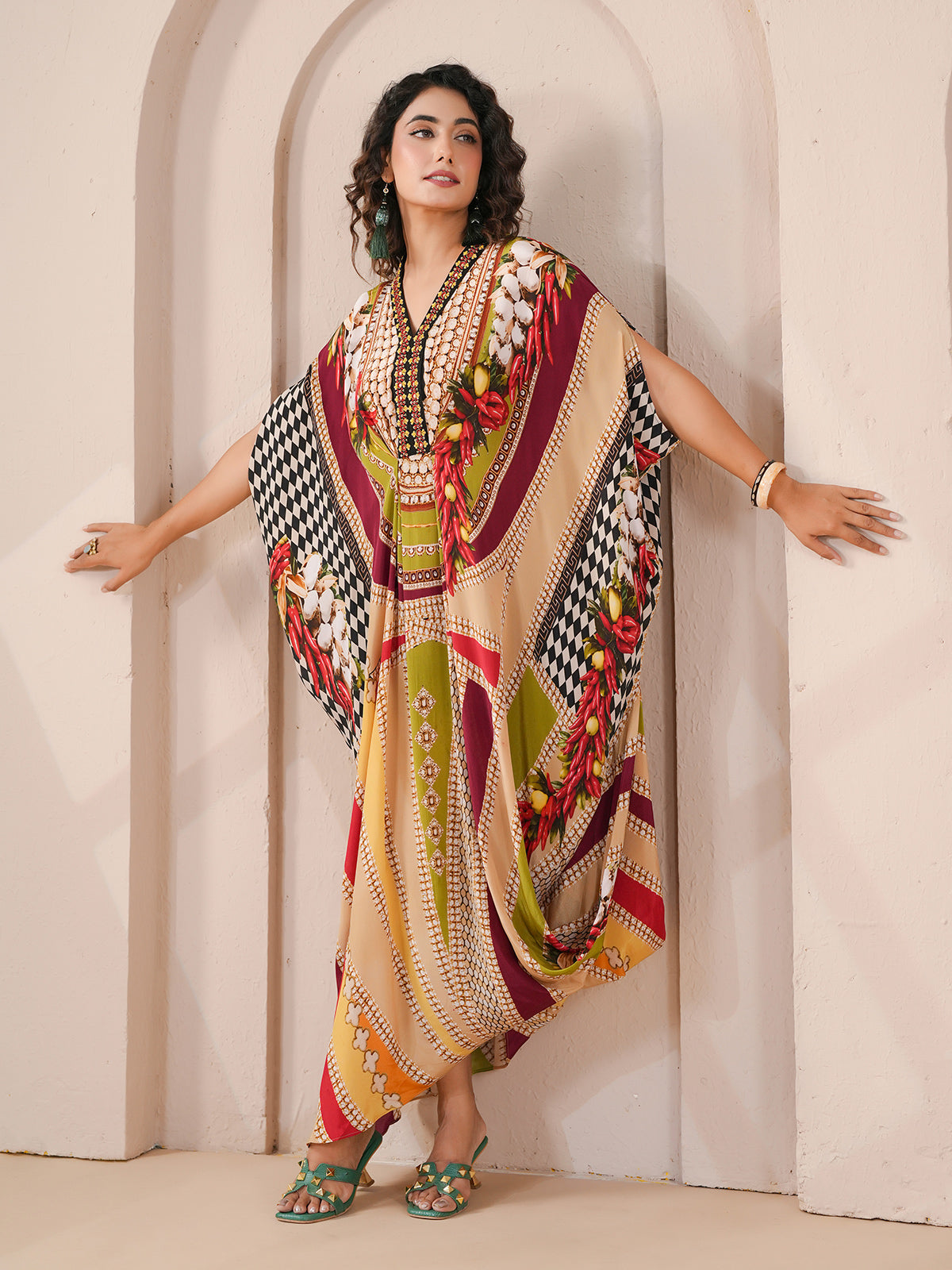 Beige designer drape kaftan with indowestern suit